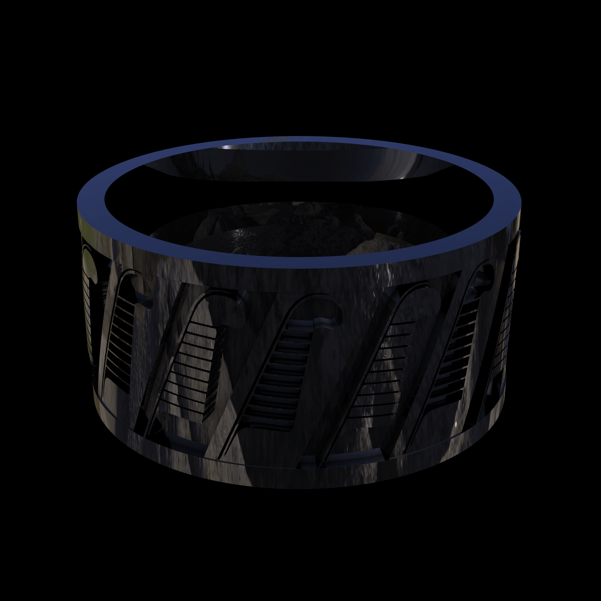 Sterling silver manufactured using wax casting, polished for a slightly textured, mild sheen surface, and recessed details blackened for a steampunk look.