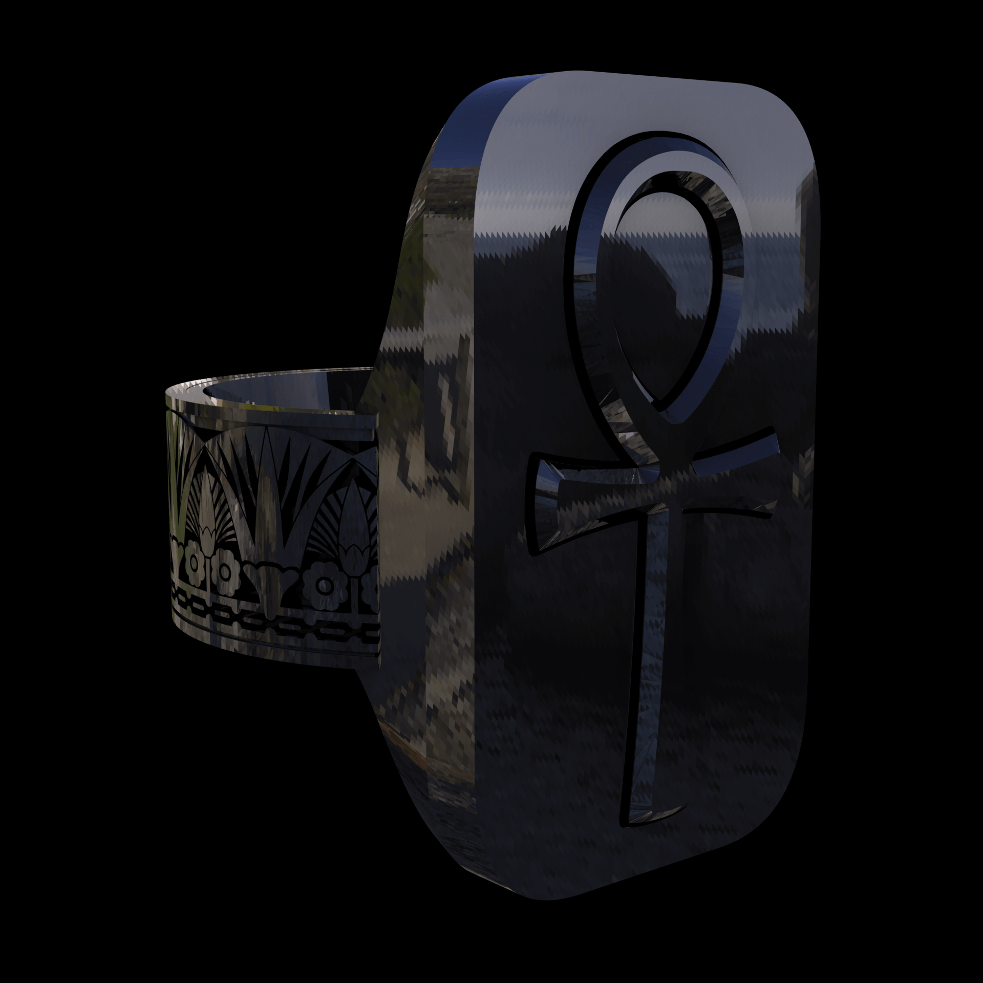 Sterling silver manufactured using wax casting, polished for a slightly textured, mild sheen surface, and recessed details blackened for a steampunk look.