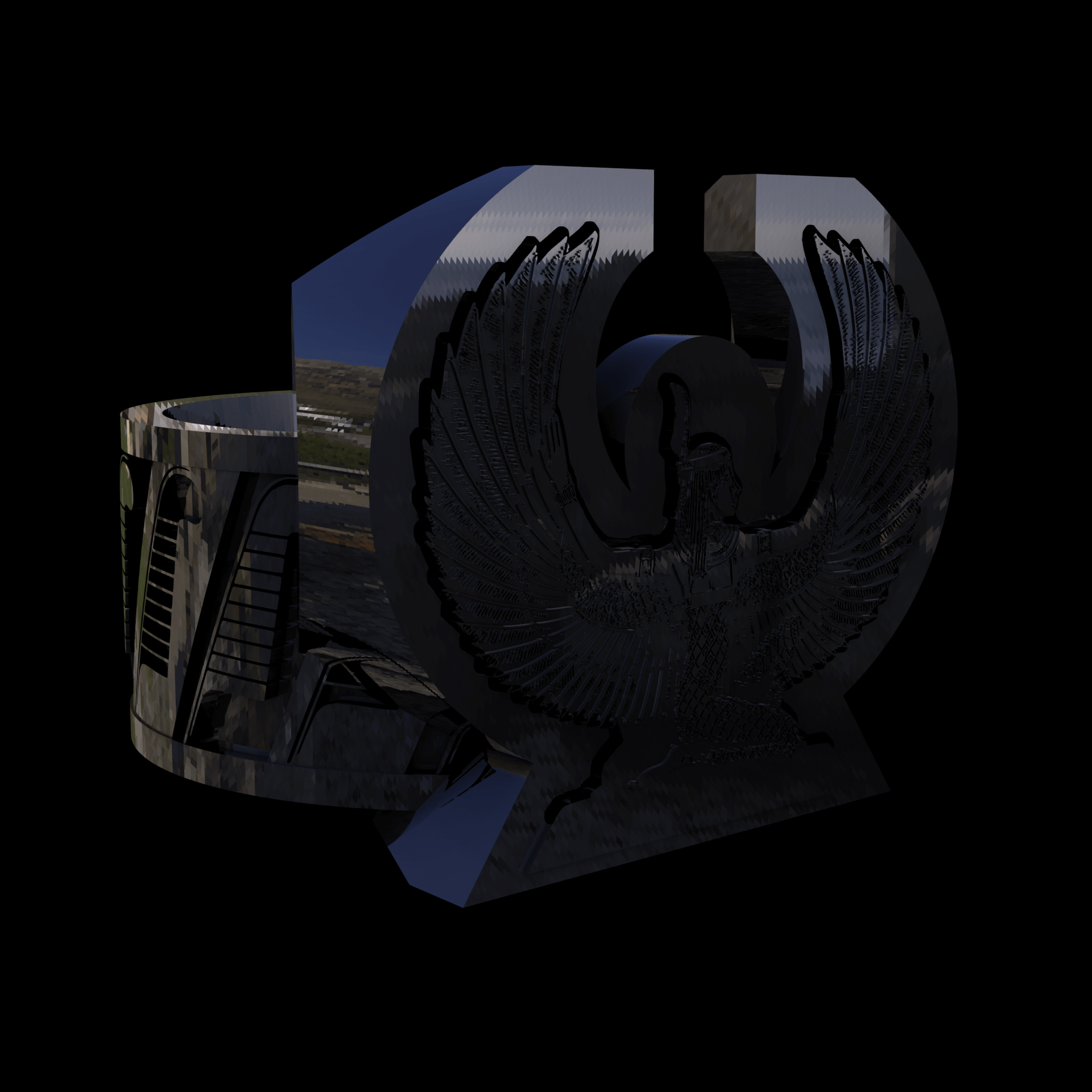 Sterling silver manufactured using wax casting, polished for a slightly textured, mild sheen surface, and recessed details blackened for a steampunk look.