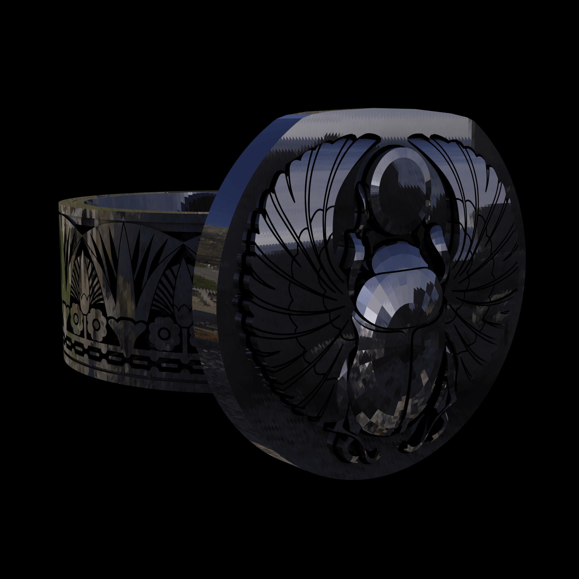 Sterling silver manufactured using wax casting, polished for a slightly textured, mild sheen surface, and recessed details blackened for a steampunk look.