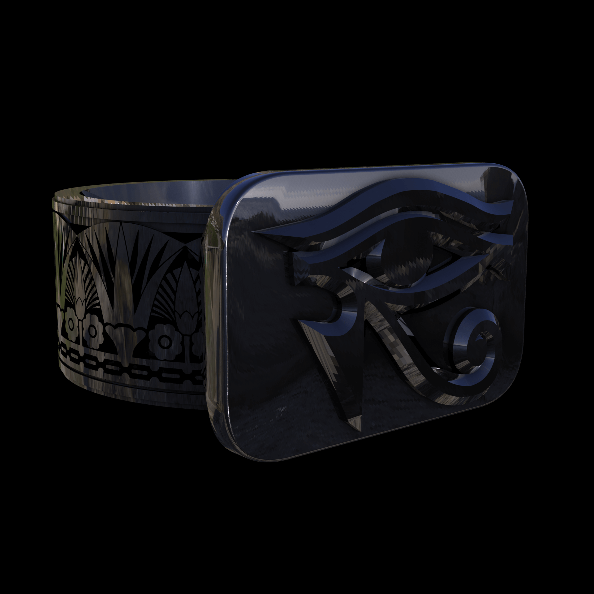 Sterling silver manufactured using wax casting, polished for a slightly textured, mild sheen surface, and recessed details blackened for a steampunk look.