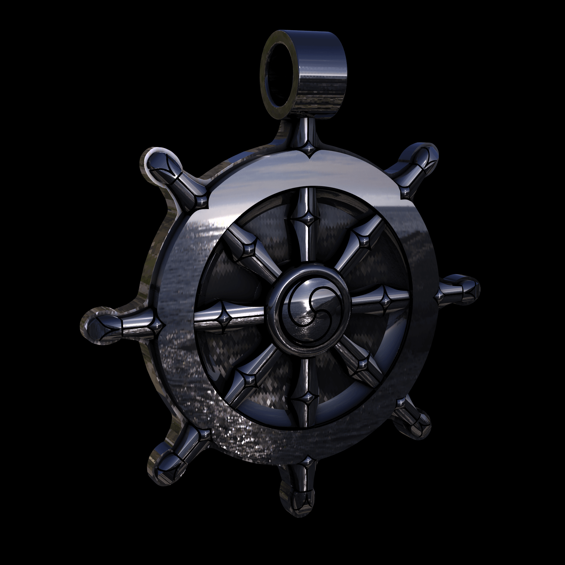 Sterling silver manufactured using wax casting, polished for a slightly textured, mild sheen surface, and recessed details blackened for a steampunk look.