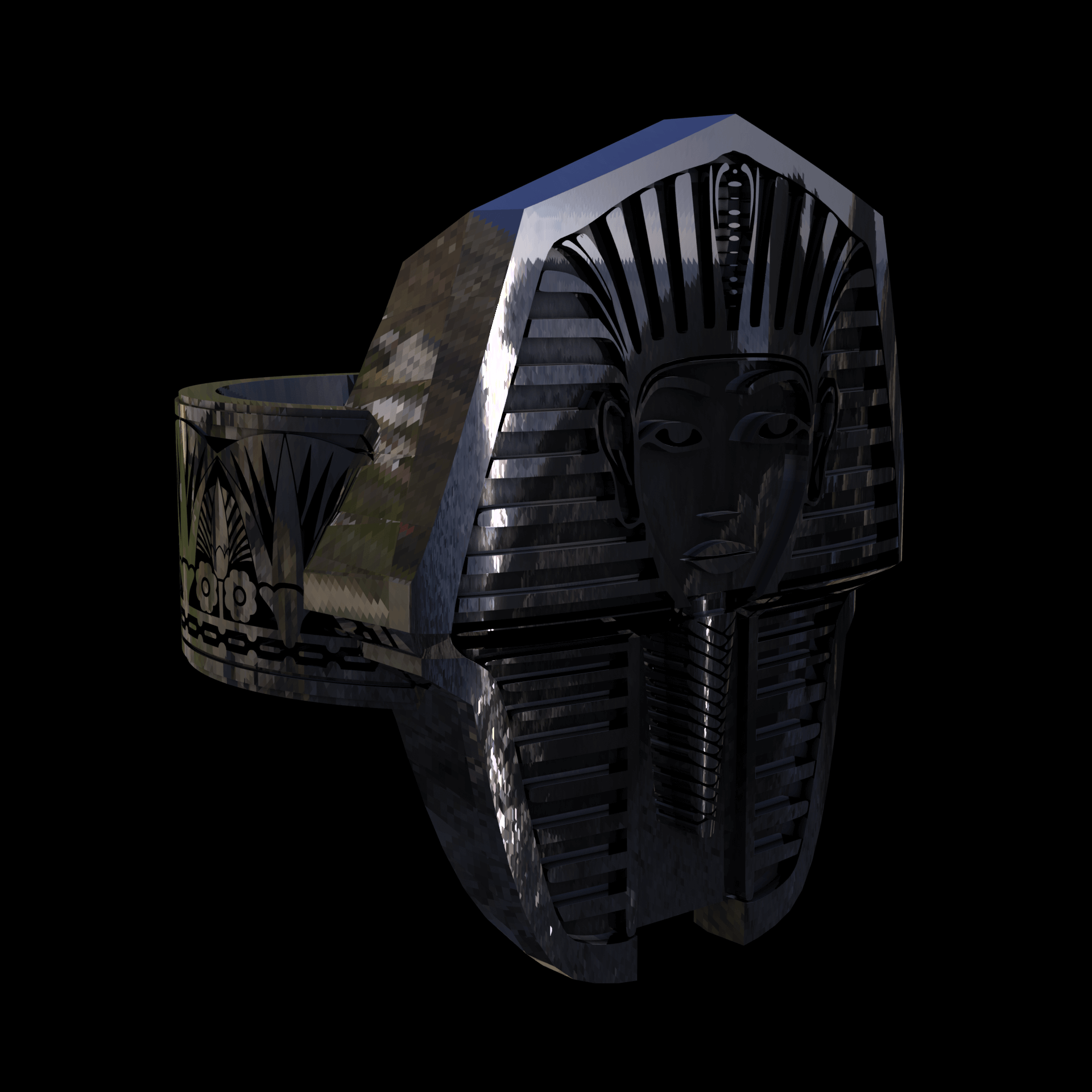 Sterling silver manufactured using wax casting, polished for a slightly textured, mild sheen surface, and recessed details blackened for a steampunk look.