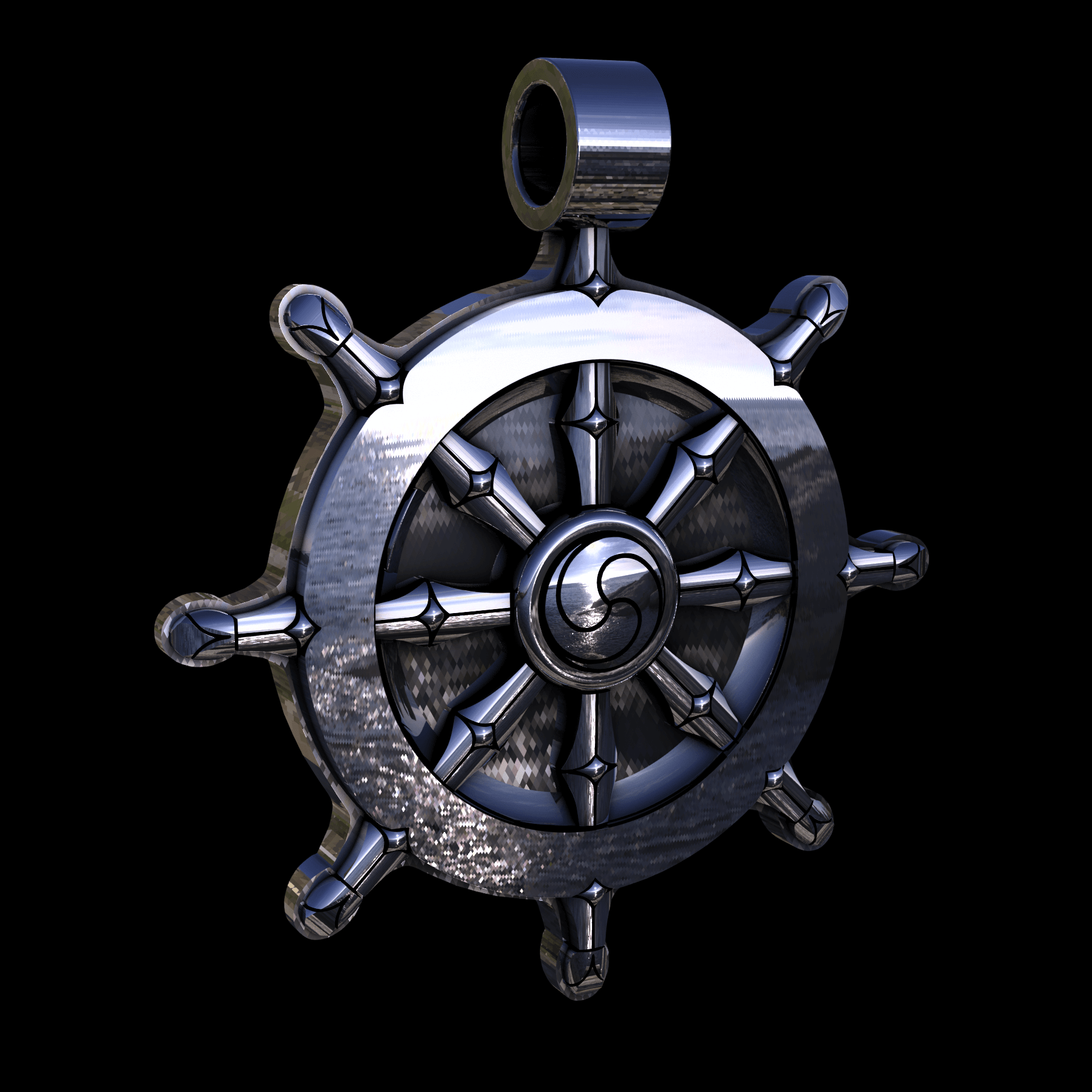 Sterling silver manufactured using wax casting, with extensive polishing reaching intricate details, acheiving a elegant, sleek shiny surface with a fine sheen.