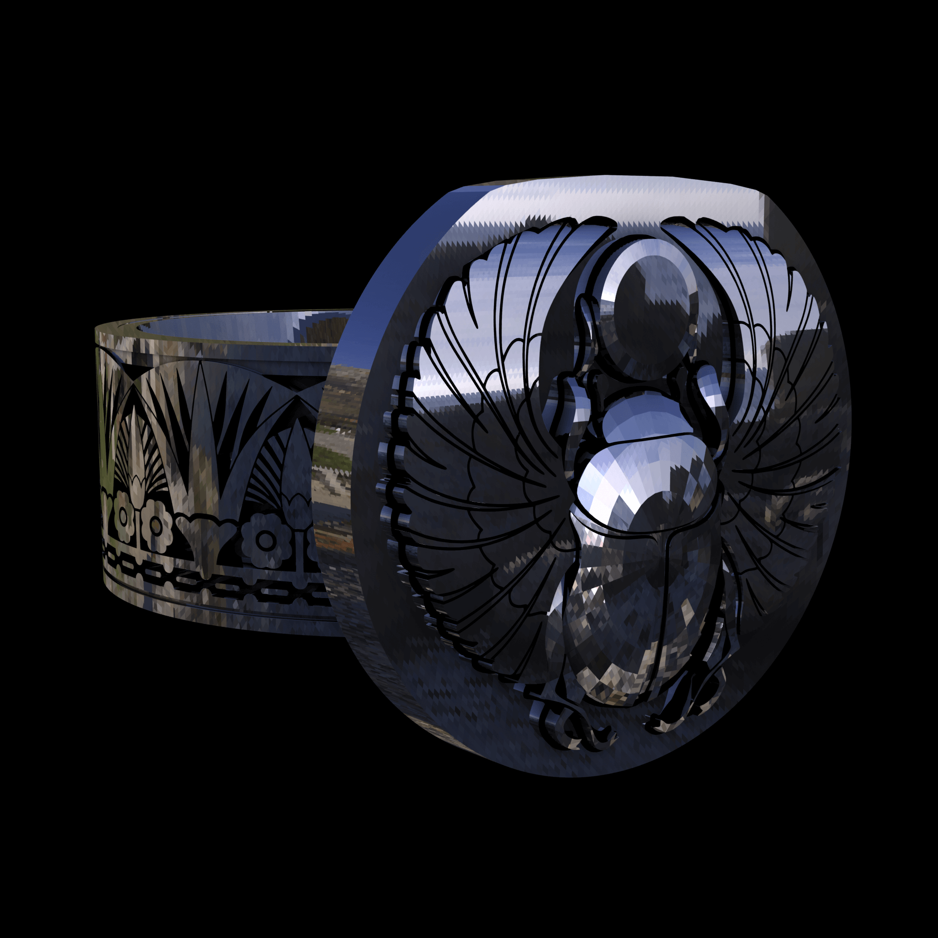 Sterling silver manufactured using wax casting, with extensive polishing reaching intricate details, acheiving a elegant, sleek shiny surface with a fine sheen.