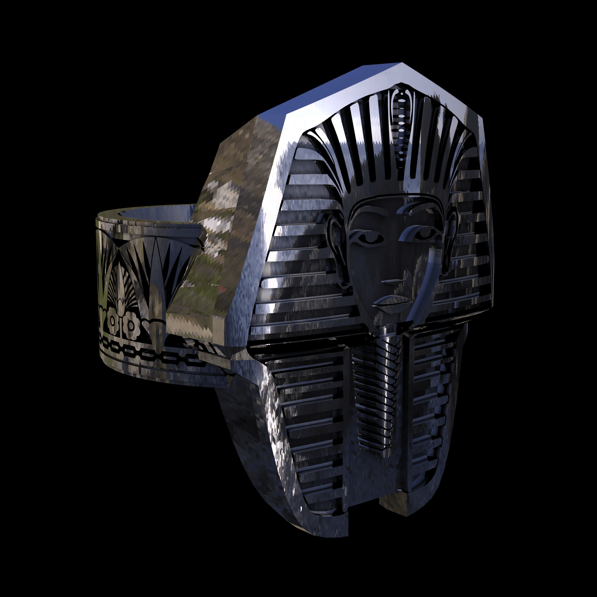 Sterling silver manufactured using wax casting, with extensive polishing reaching intricate details, acheiving a elegant, sleek shiny surface with a fine sheen.