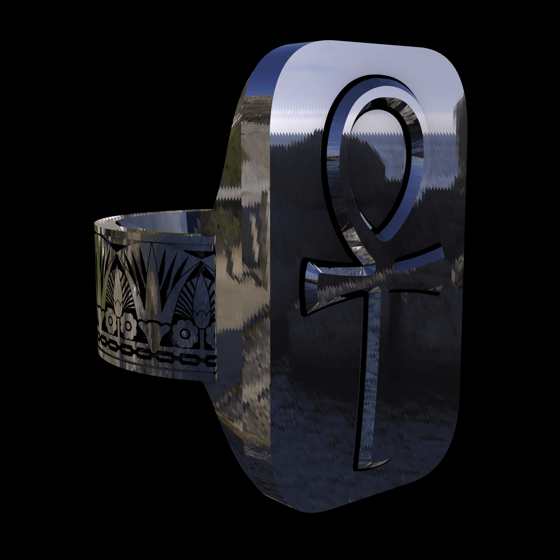 Sterling silver manufactured using wax casting, with extensive polishing reaching intricate details, acheiving a elegant, sleek shiny surface with a fine sheen.