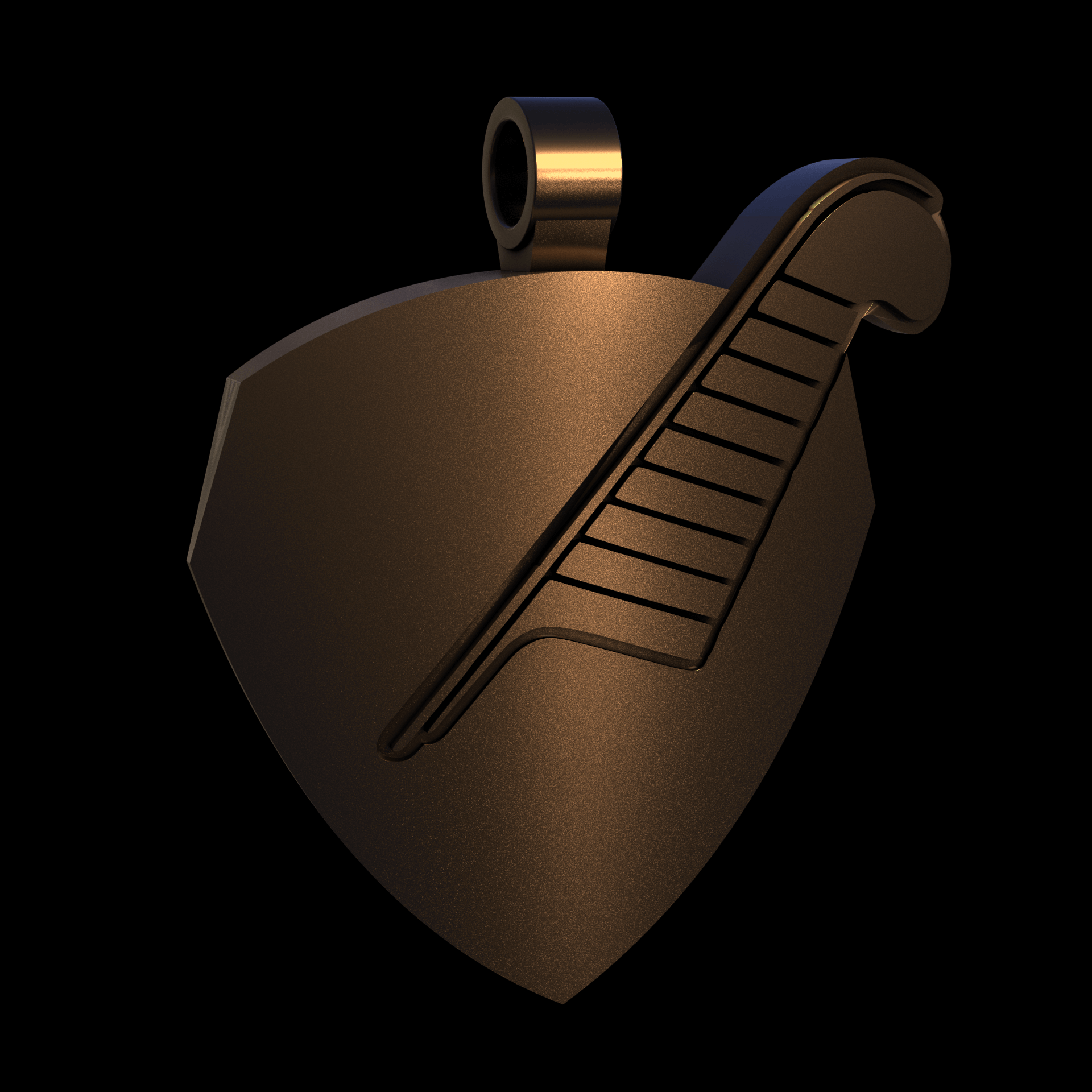 Bronze infused 420 stainless steel, manufactured using 3D printing, polished and enrobed in 24k gold with a mild sheen, with visible print lines.