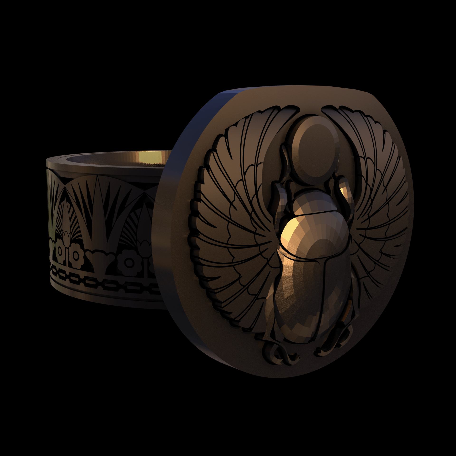 Bronze infused 420 stainless steel, manufactured using 3D printing, polished and enrobed in 24k gold with a mild sheen, with visible print lines.