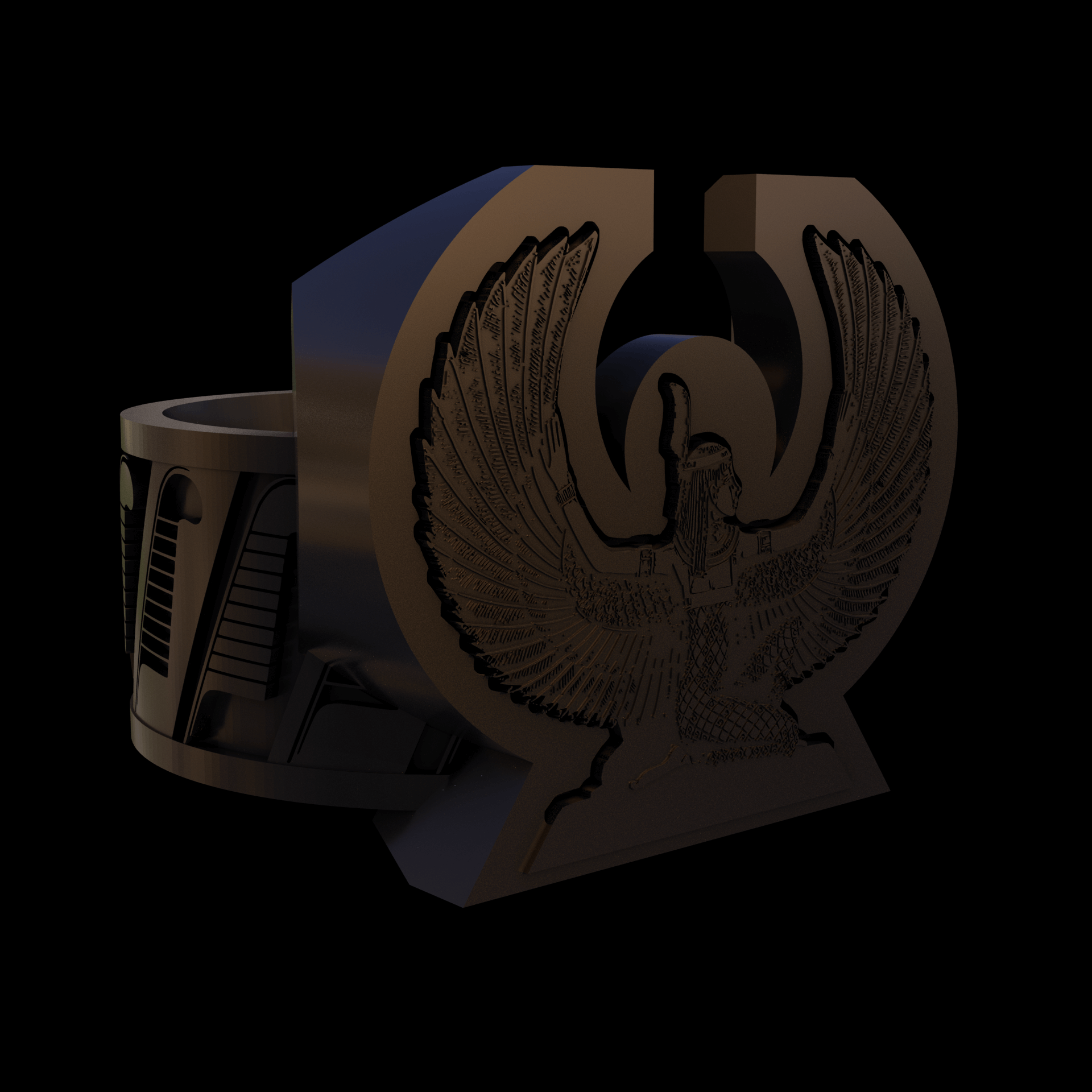 Bronze infused 420 stainless steel, manufactured using 3D printing, polished and enrobed in 24k gold with a mild sheen, with visible print lines.