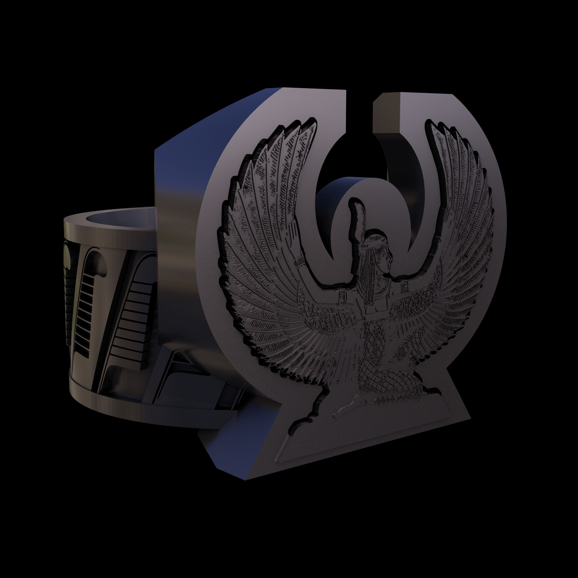 Bronze infused 420 stainless steel, manufactured using 3D printing, polished and plated in nickel for a silvery hue with a mild sheen, with visible print lines.