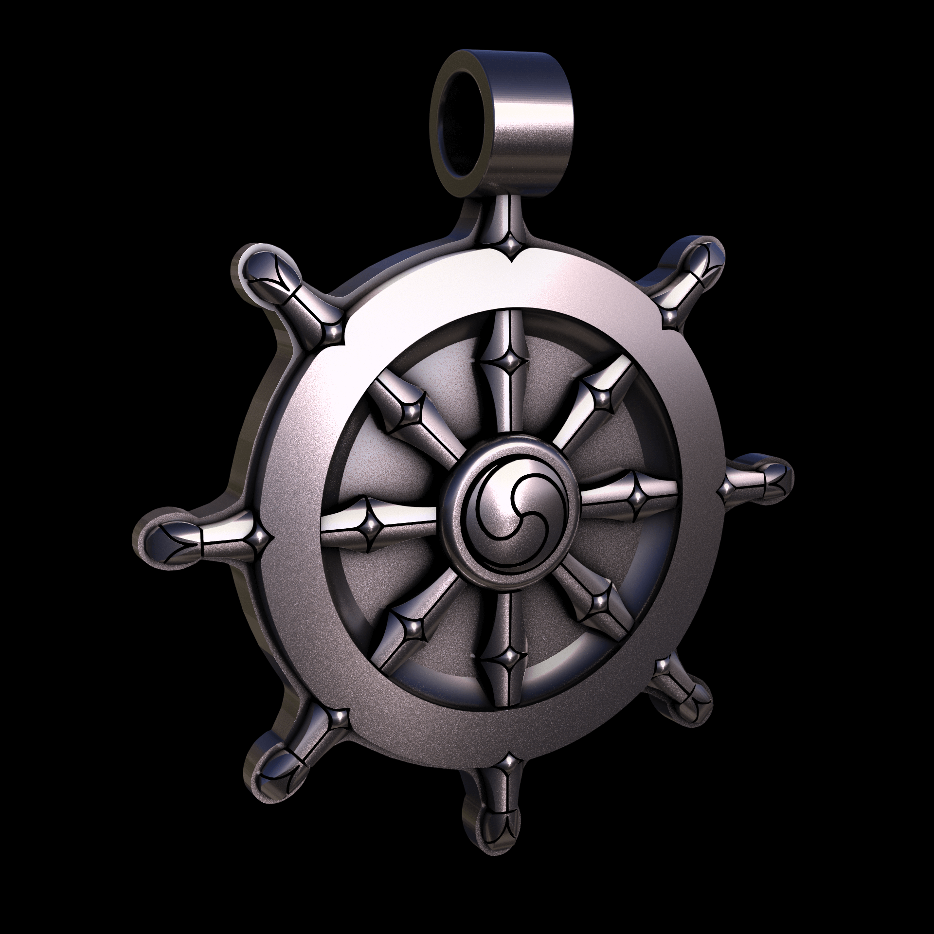 Bronze infused 420 stainless steel, manufactured using 3D printing, polished and plated in nickel for a silvery hue with a mild sheen, with visible print lines.