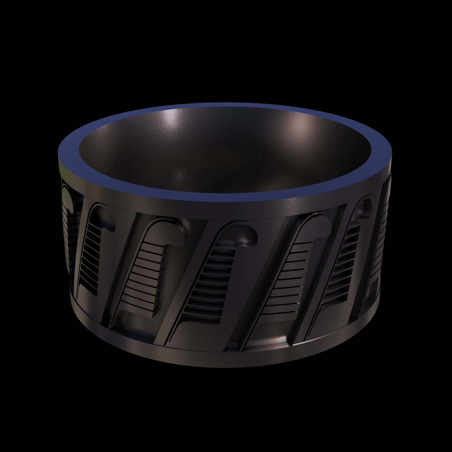Bronze infused 420 stainless steel, manufactured using 3D printing, polished and plated in nickel for a silvery hue with a mild sheen, with visible print lines.