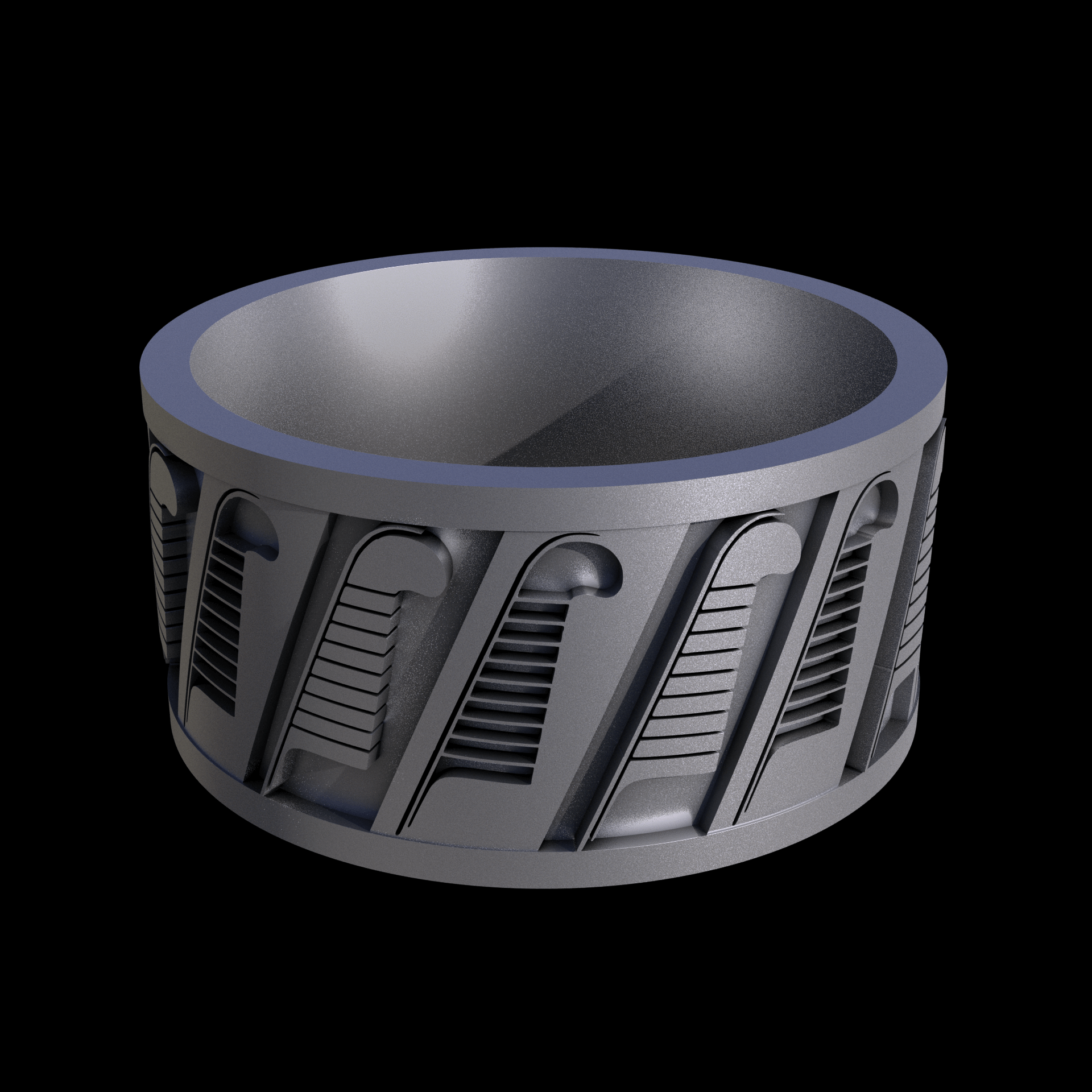 Stainless Steel 316L, manufactured using 3D printing, and media blasted after sintering, for a semi matte, rough surface finish.