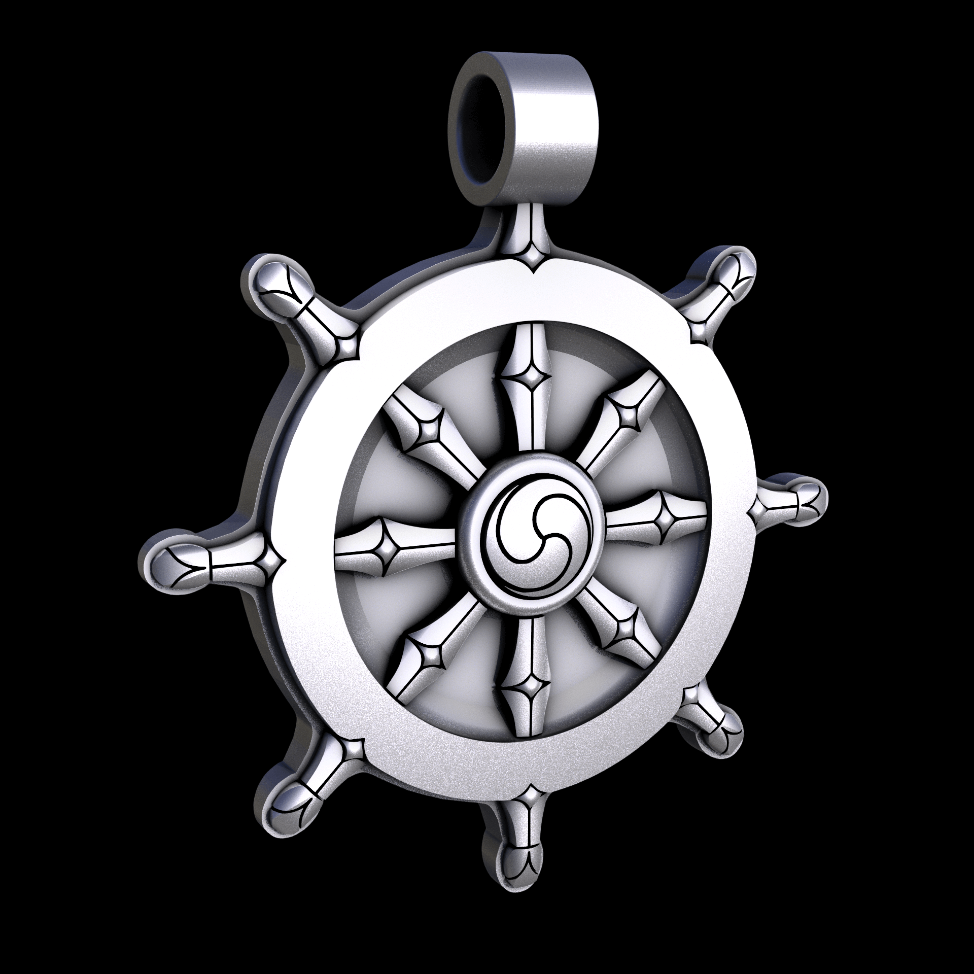 Stainless Steel 316L, manufactured using 3D printing, and media blasted after sintering, for a semi matte, rough surface finish.