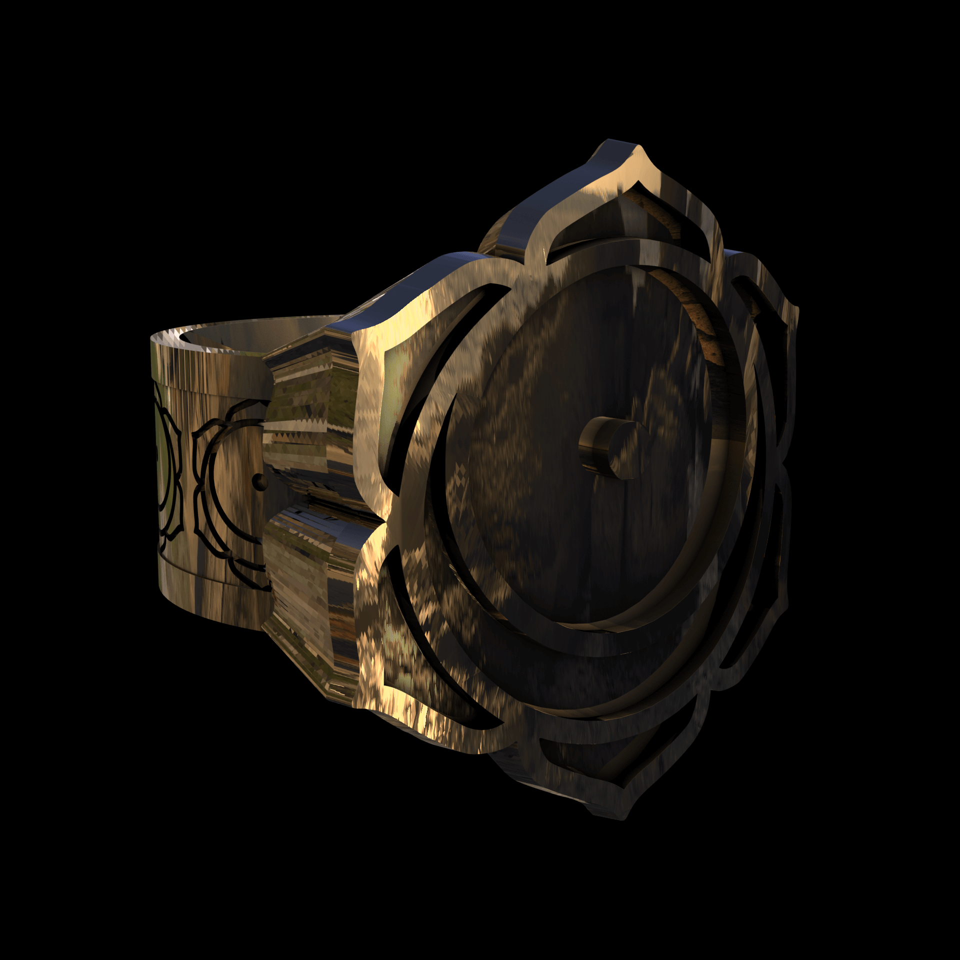 Brass manufactured using wax casting, with 0.5 micron thick eletroplated 14K Gold surface, polished for a shiny, smooth sheen surface.