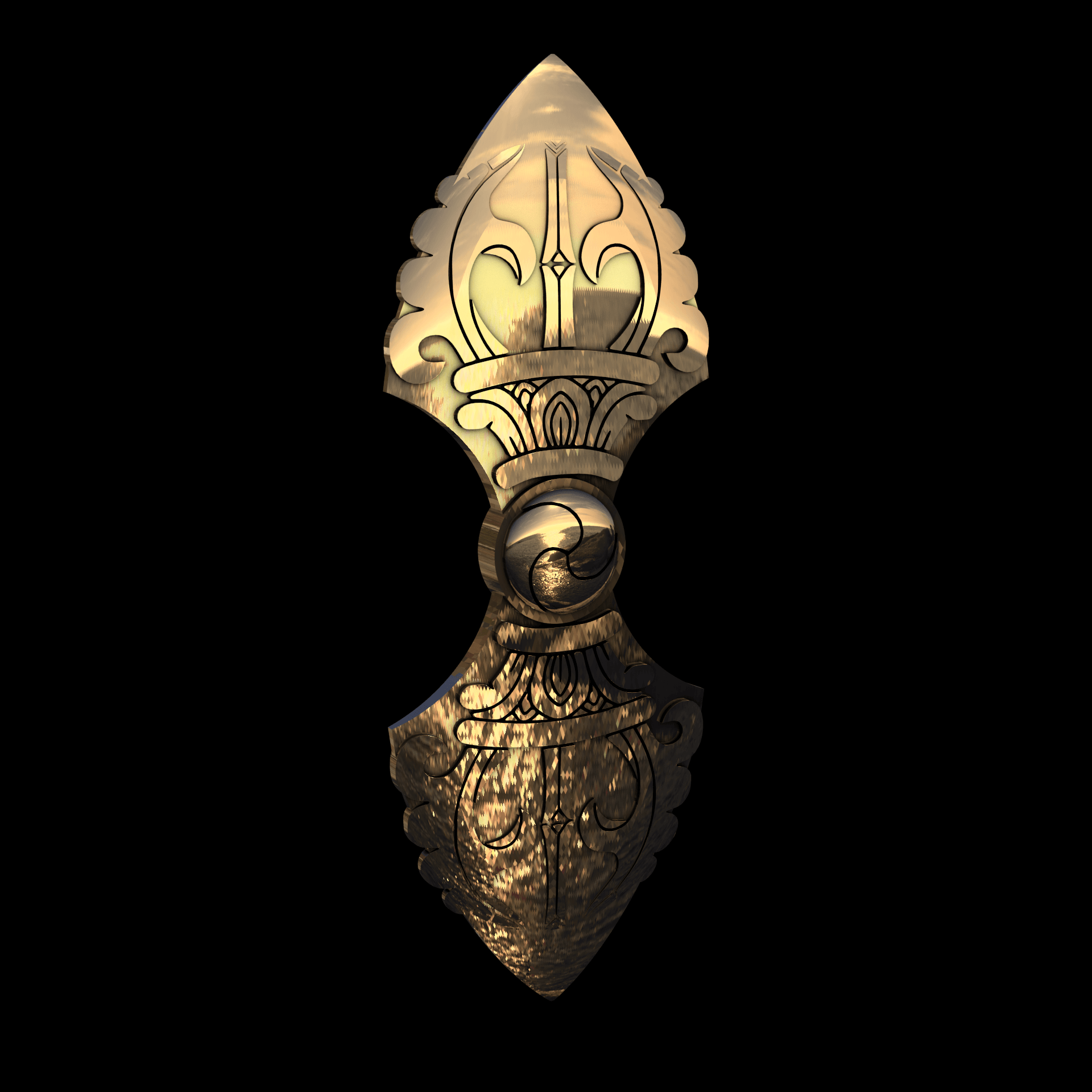 Brass manufactured using wax casting, with 0.5 micron thick eletroplated 14K Gold surface, polished for a shiny, smooth sheen surface.