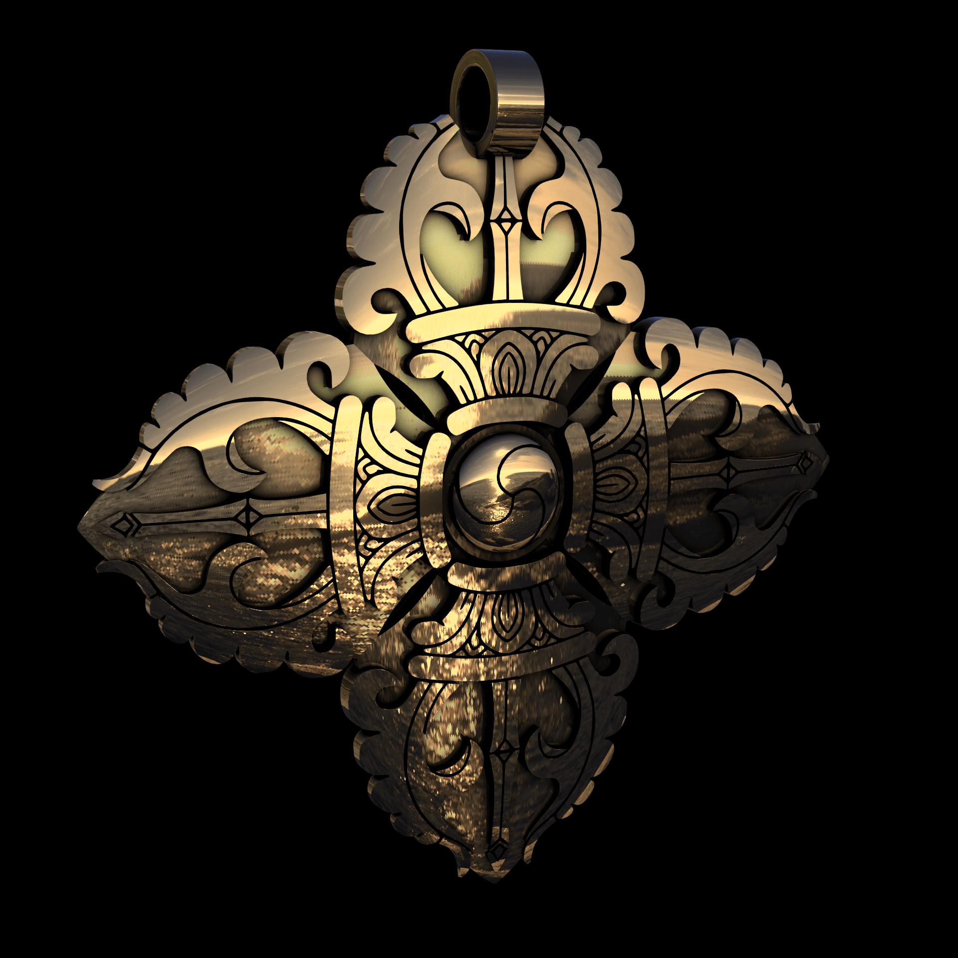 Brass manufactured using wax casting, with 0.5 micron thick eletroplated 18K Gold surface, polished for a shiny, smooth sheen surface.