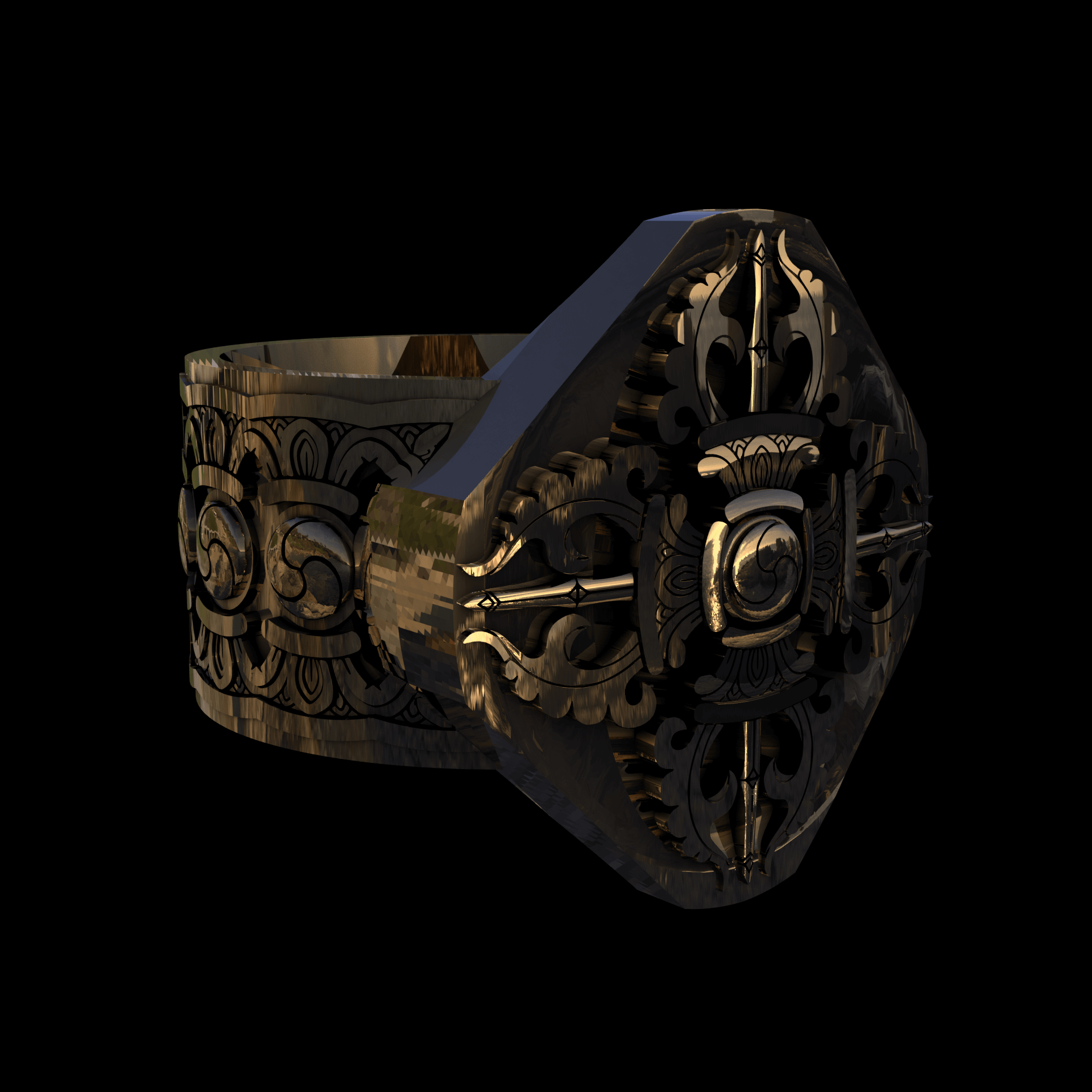 Brass manufactured using wax casting, with 0.5 micron thick eletroplated 18K Gold surface, polished for a shiny, smooth sheen surface.