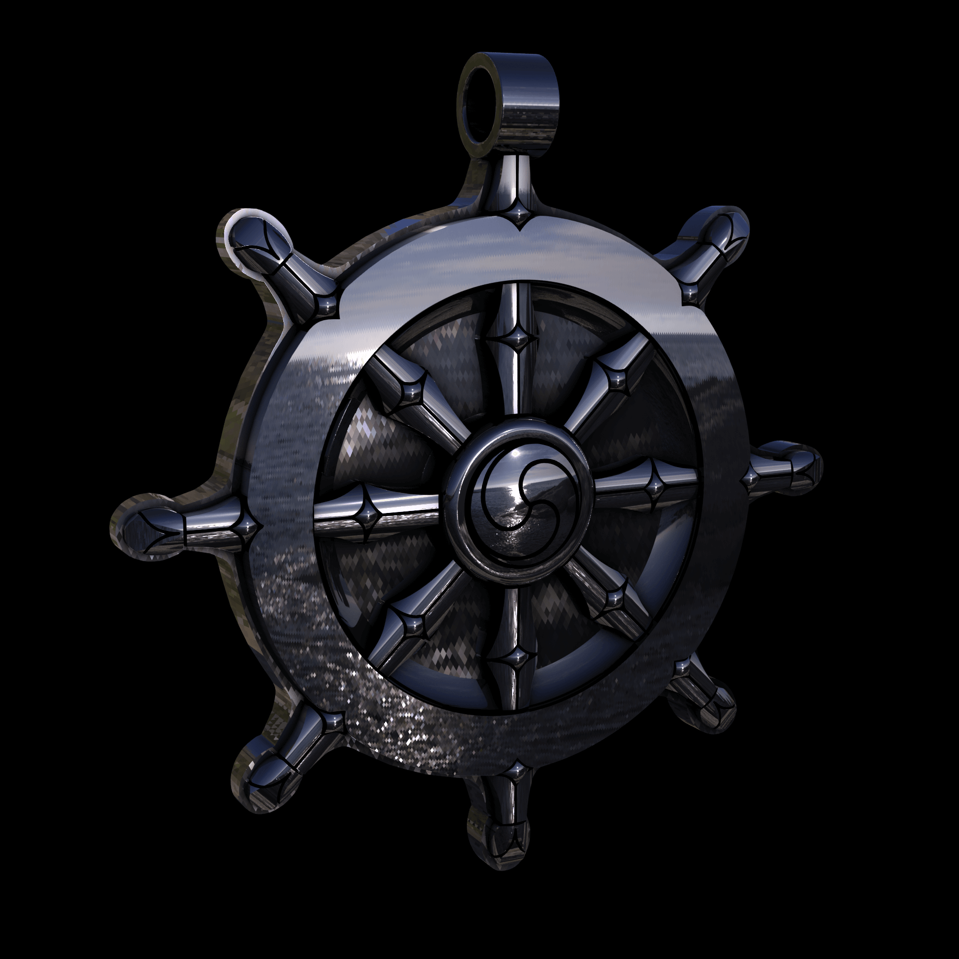 Sterling silver manufactured using wax casting, polished for a slightly textured, mild sheen surface, and recessed details blackened for a steampunk look.