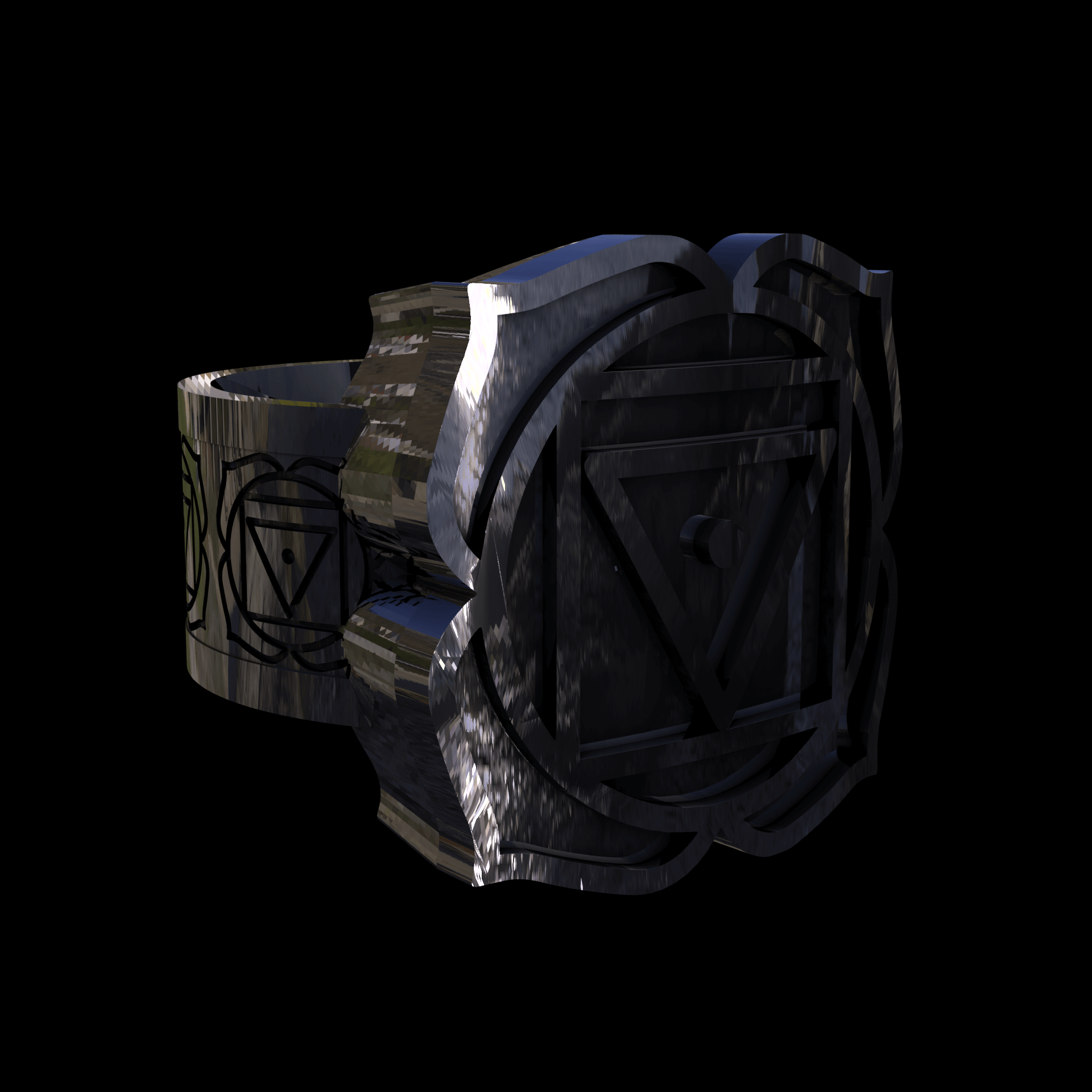 Sterling silver manufactured using wax casting, polished for a slightly textured, mild sheen surface, and recessed details blackened for a steampunk look.