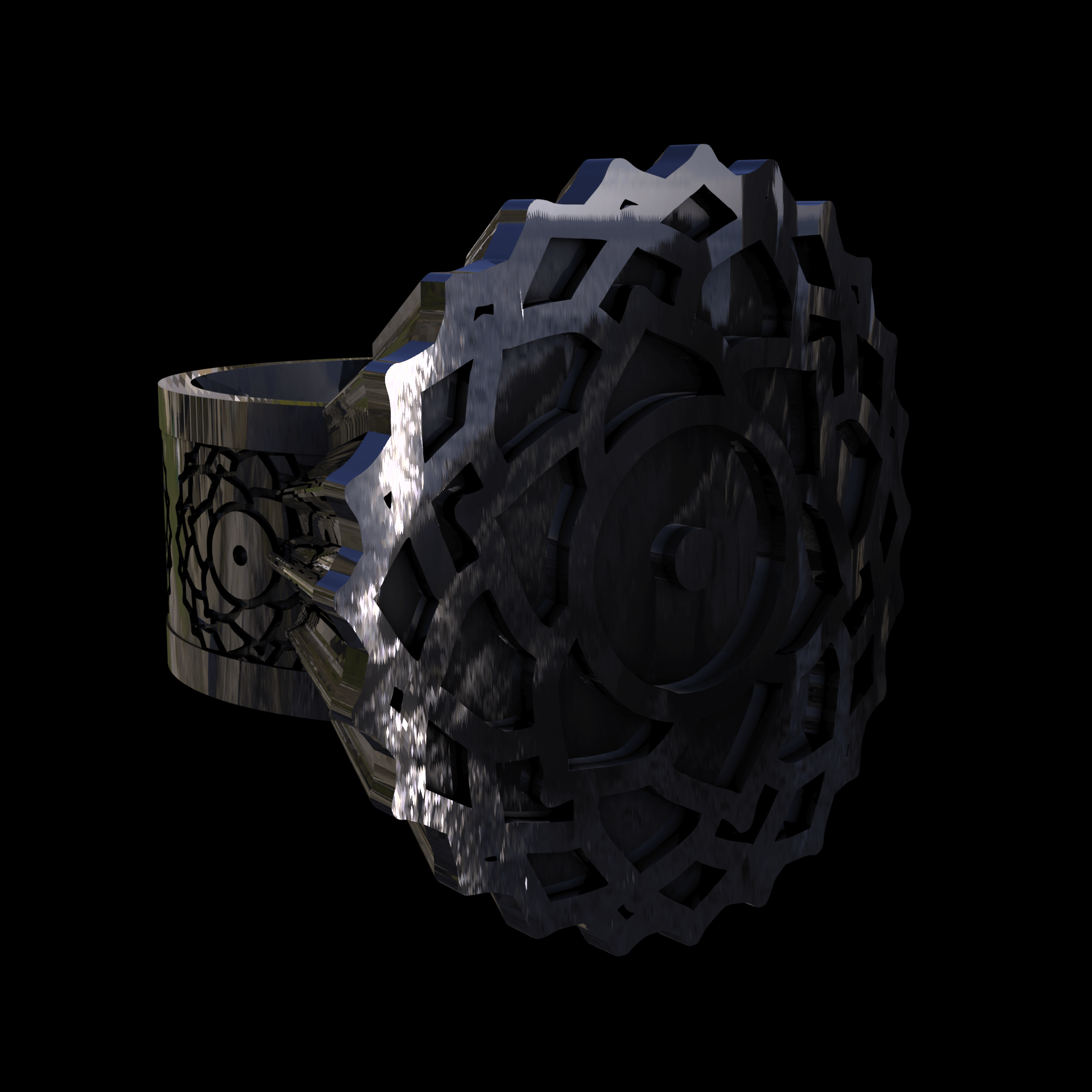 Sterling silver manufactured using wax casting, polished for a slightly textured, mild sheen surface, and recessed details blackened for a steampunk look.