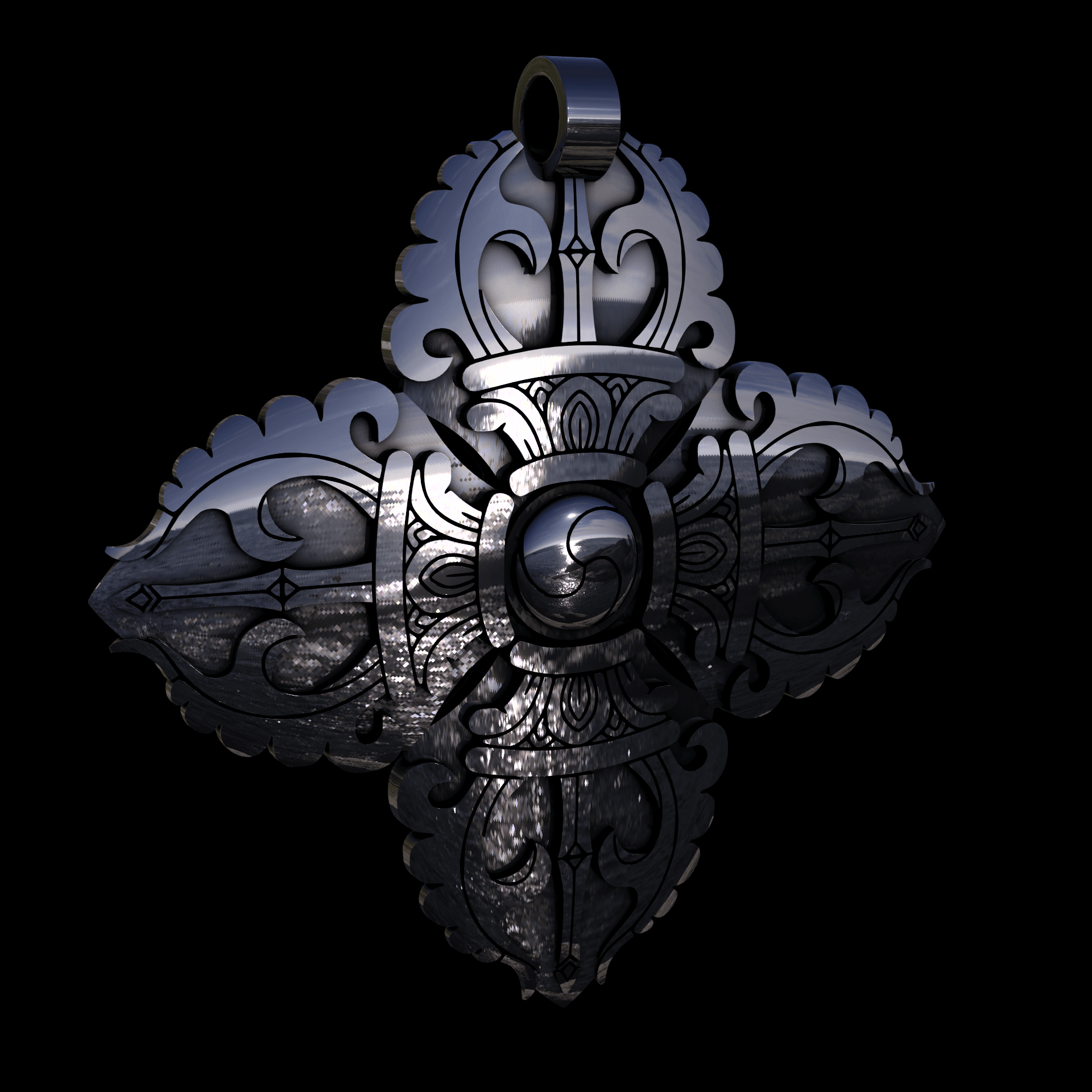 Sterling silver manufactured using wax casting, polished for a slightly textured, mild sheen surface, and recessed details blackened for a steampunk look.