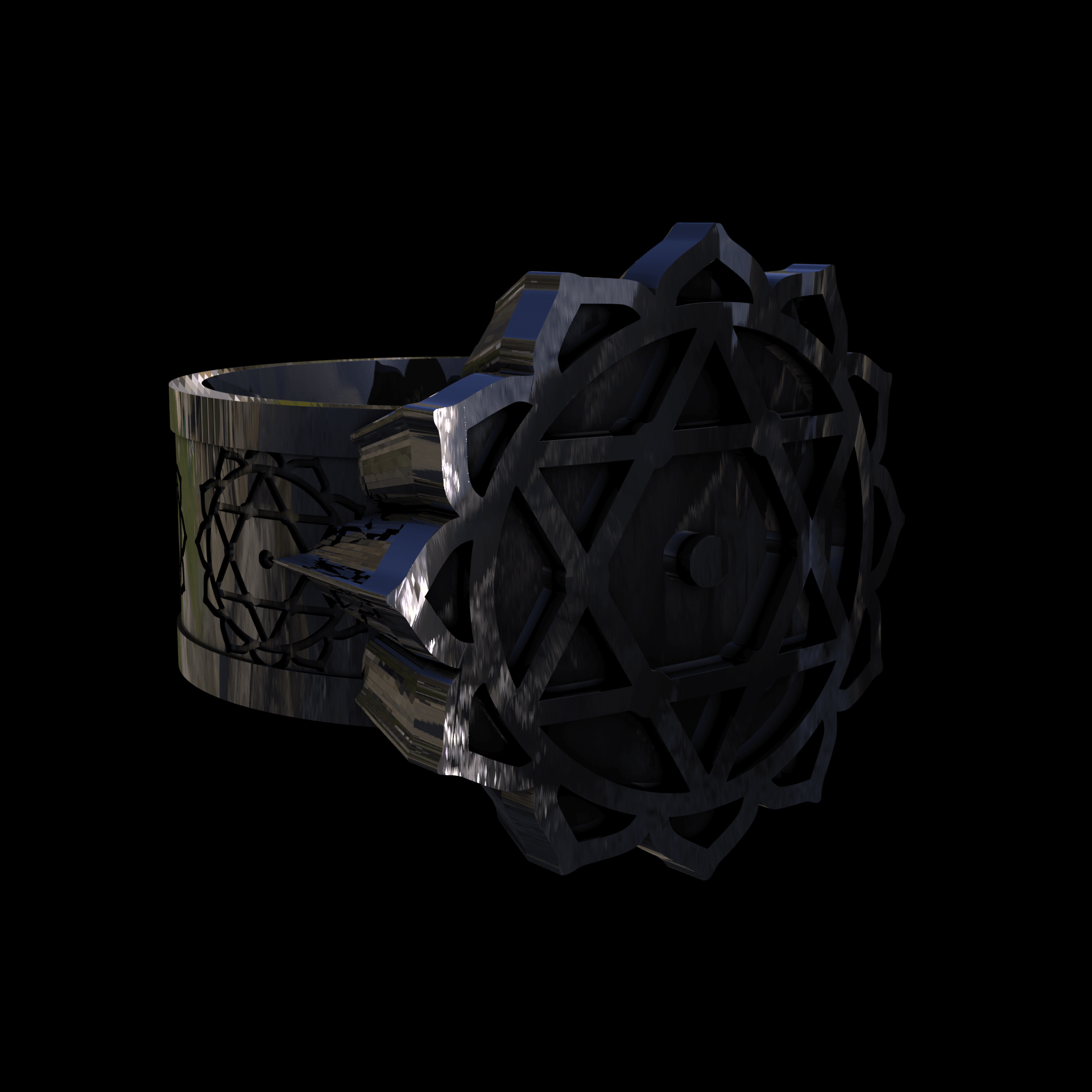 Sterling silver manufactured using wax casting, polished for a slightly textured, mild sheen surface, and recessed details blackened for a steampunk look.