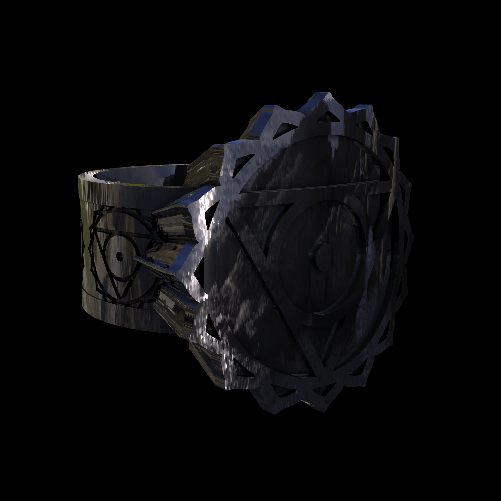 Sterling silver manufactured using wax casting, polished for a slightly textured, mild sheen surface, and recessed details blackened for a steampunk look.