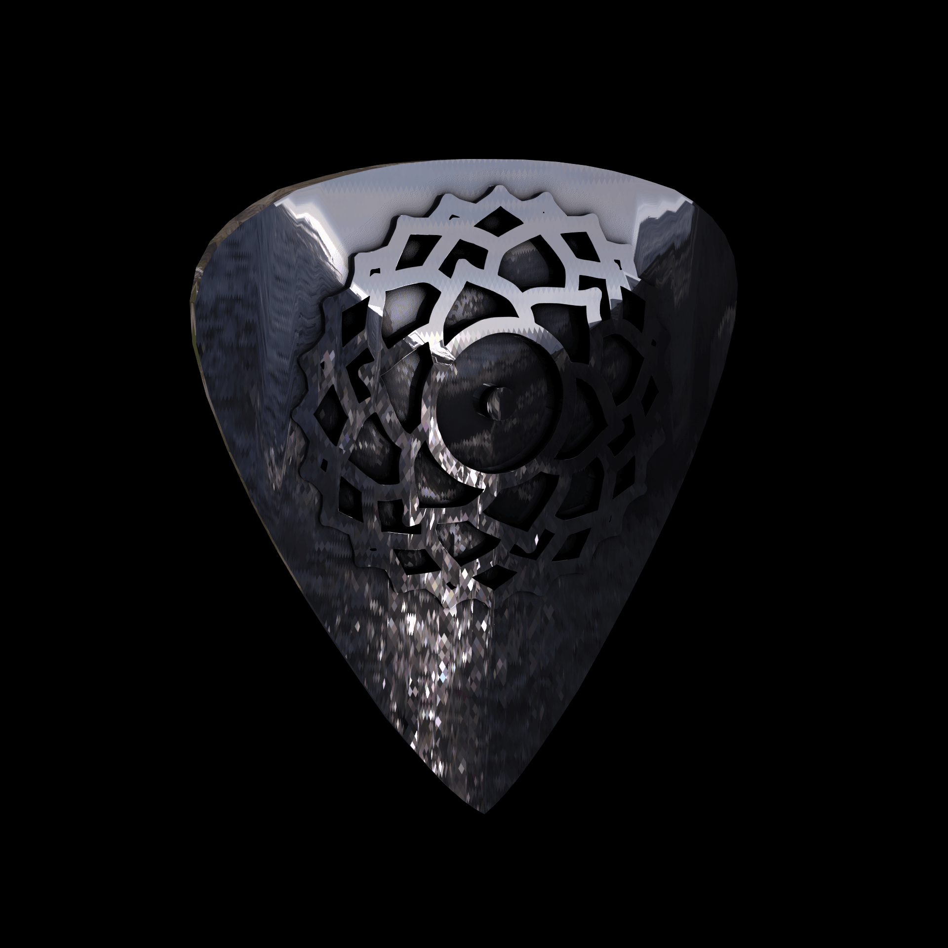 Sterling silver manufactured using wax casting, polished for a slightly textured, mild sheen surface, and recessed details blackened for a steampunk look.