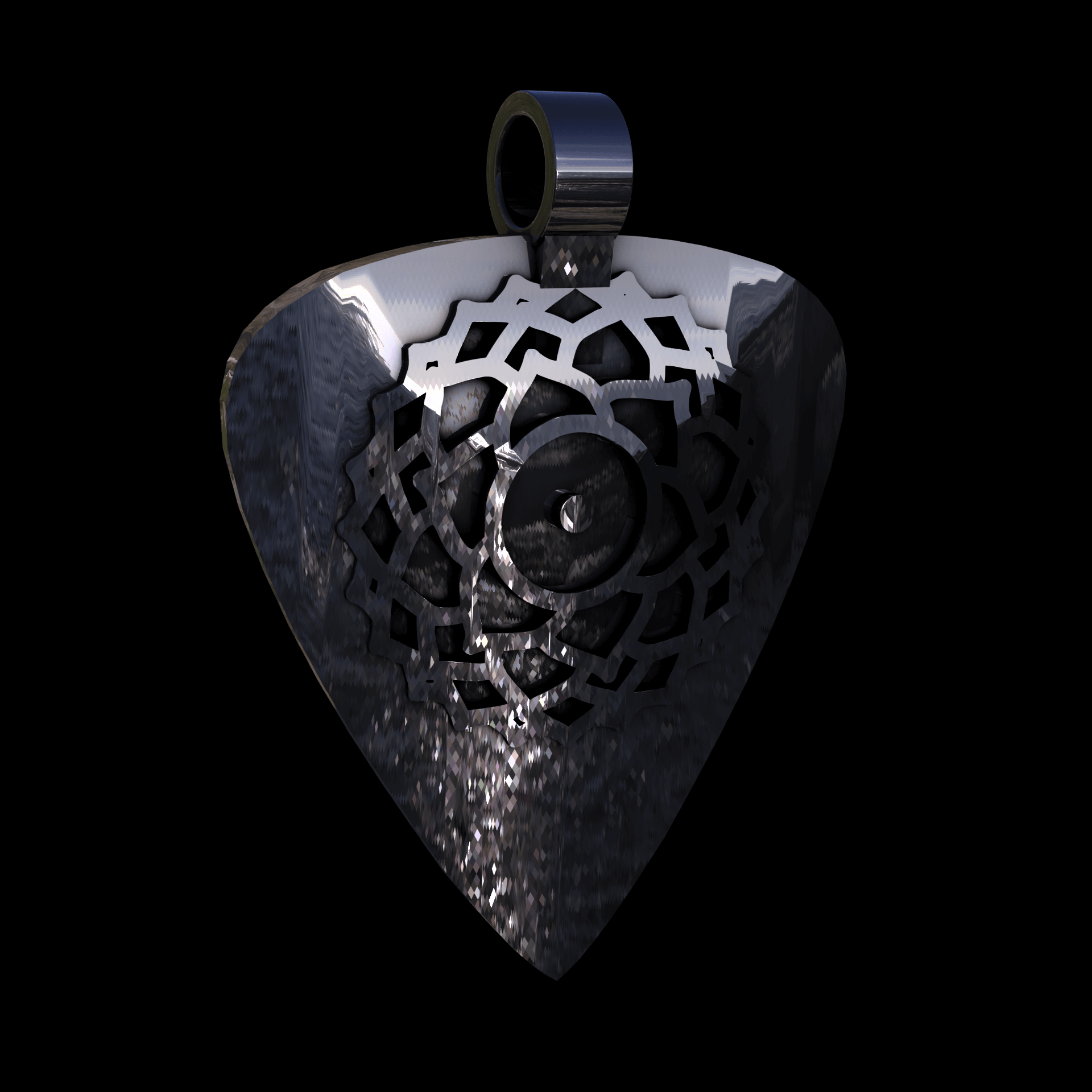 Sterling silver manufactured using wax casting, polished for a slightly textured, mild sheen surface, and recessed details blackened for a steampunk look.