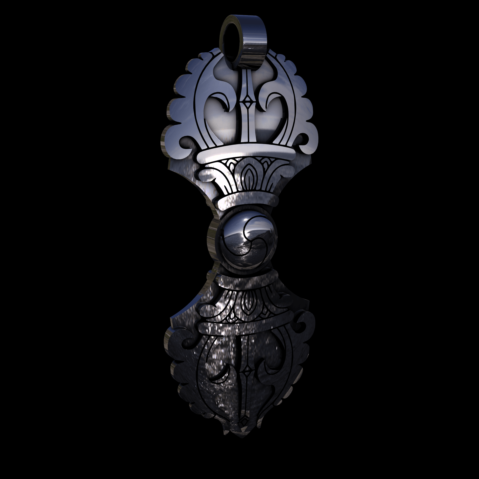 Sterling silver manufactured using wax casting, polished for a slightly textured, mild sheen surface, and recessed details blackened for a steampunk look.