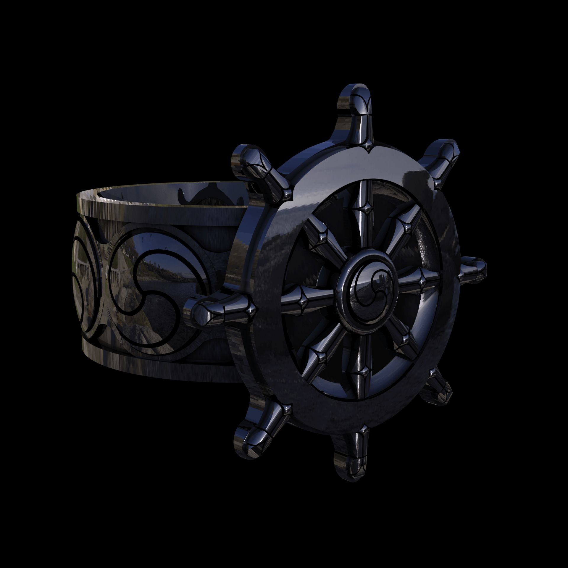 Sterling silver manufactured using wax casting, polished for a slightly textured, mild sheen surface, and recessed details blackened for a steampunk look.