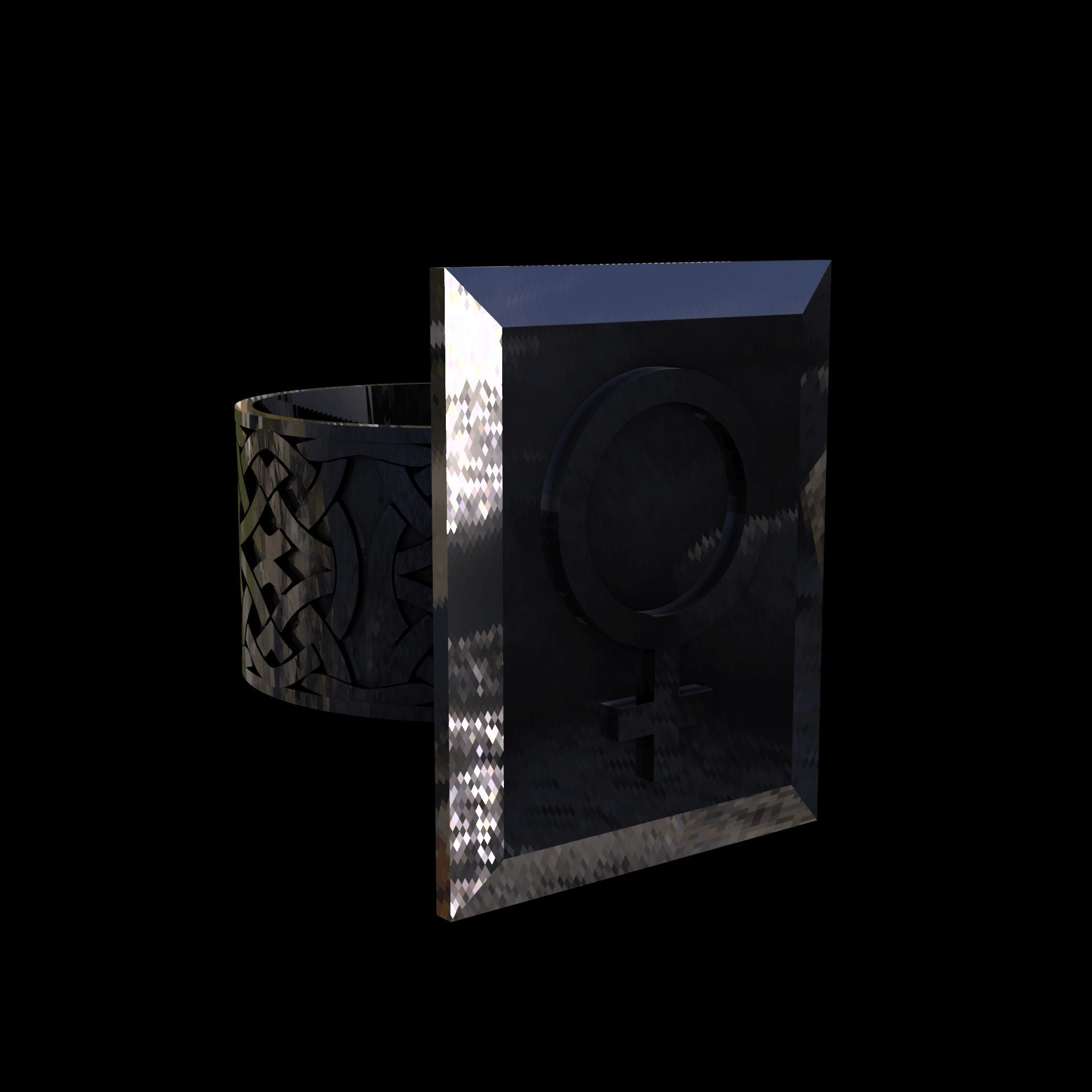 Sterling silver manufactured using wax casting, polished for a slightly textured, mild sheen surface, and recessed details blackened for a steampunk look.