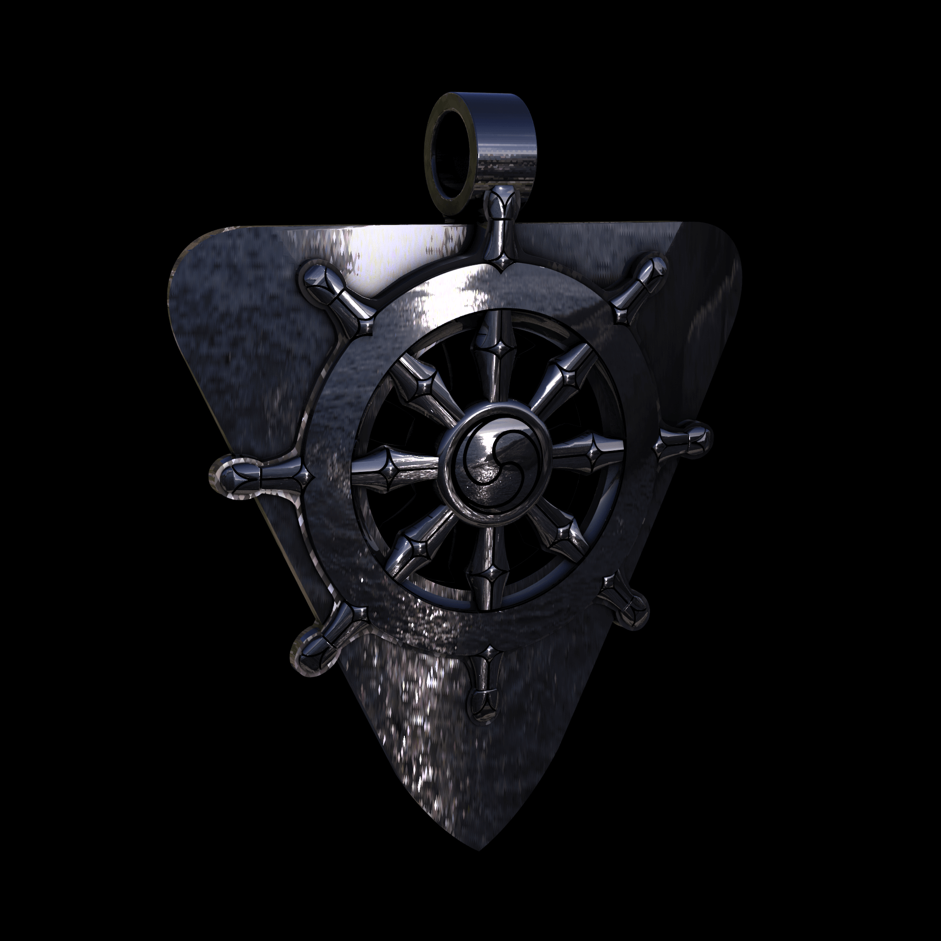 Sterling silver manufactured using wax casting, polished for a slightly textured, mild sheen surface, and recessed details blackened for a steampunk look.