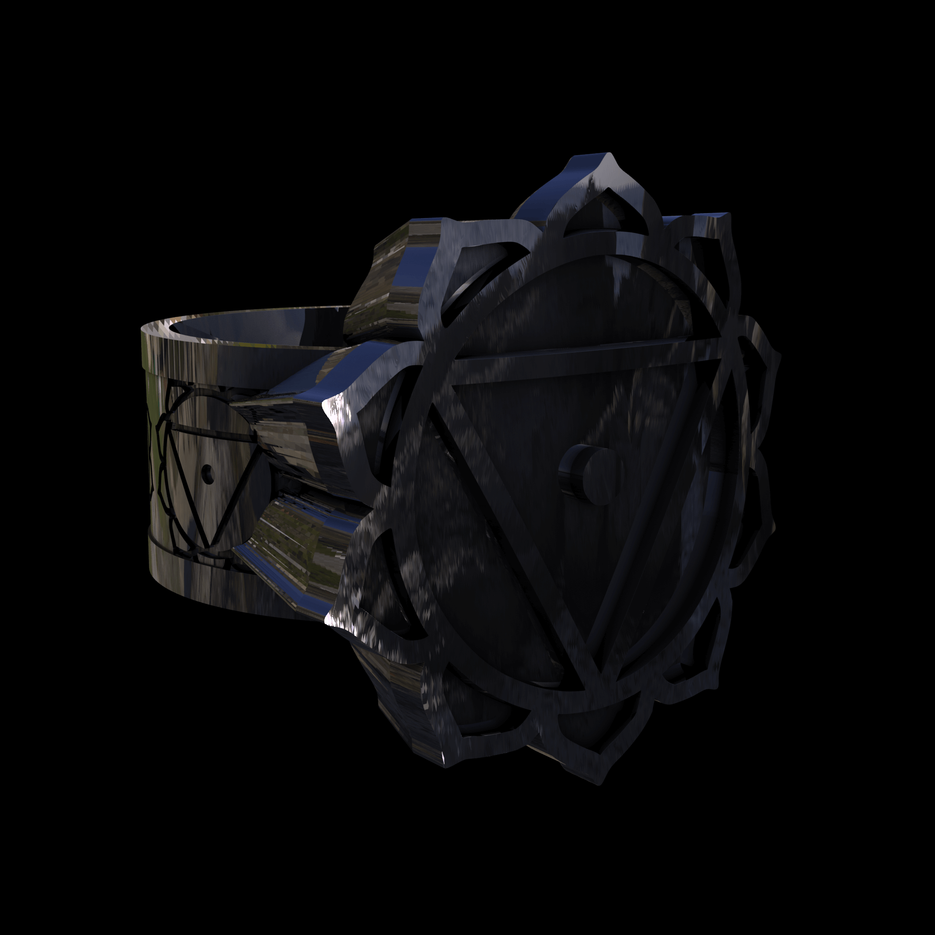 Sterling silver manufactured using wax casting, polished for a slightly textured, mild sheen surface, and recessed details blackened for a steampunk look.