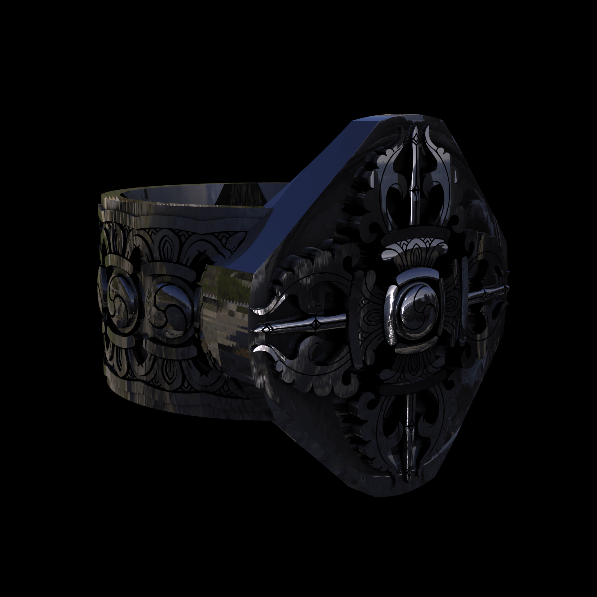 Sterling silver manufactured using wax casting, polished for a slightly textured, mild sheen surface, and recessed details blackened for a steampunk look.