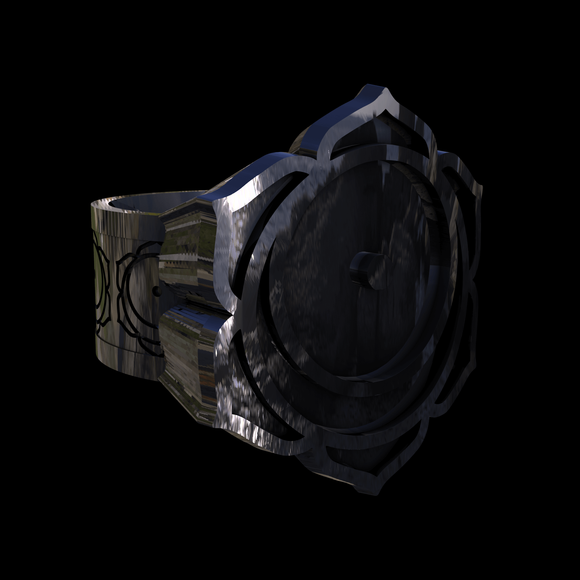 Sterling silver manufactured using wax casting, polished for a slightly textured, mild sheen surface, and recessed details blackened for a steampunk look.