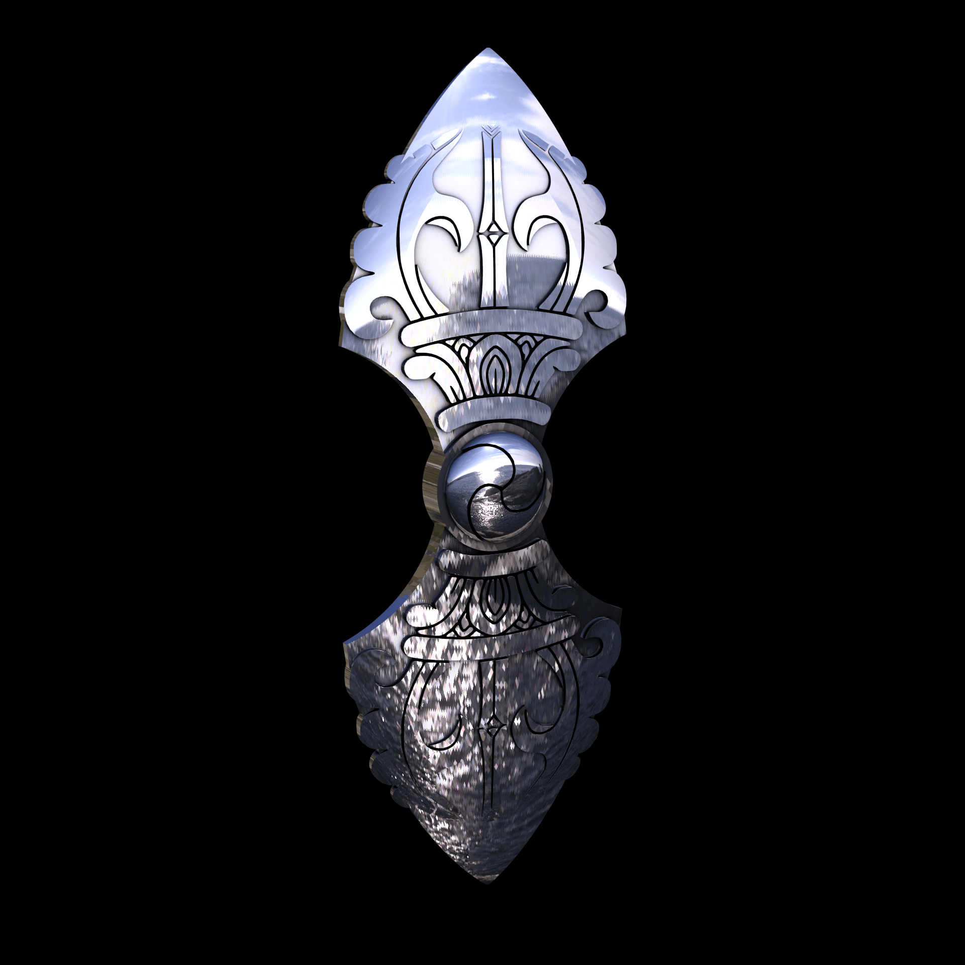 Sterling silver manufactured using wax casting, with extensive polishing reaching intricate details, acheiving a elegant, sleek shiny surface with a fine sheen.