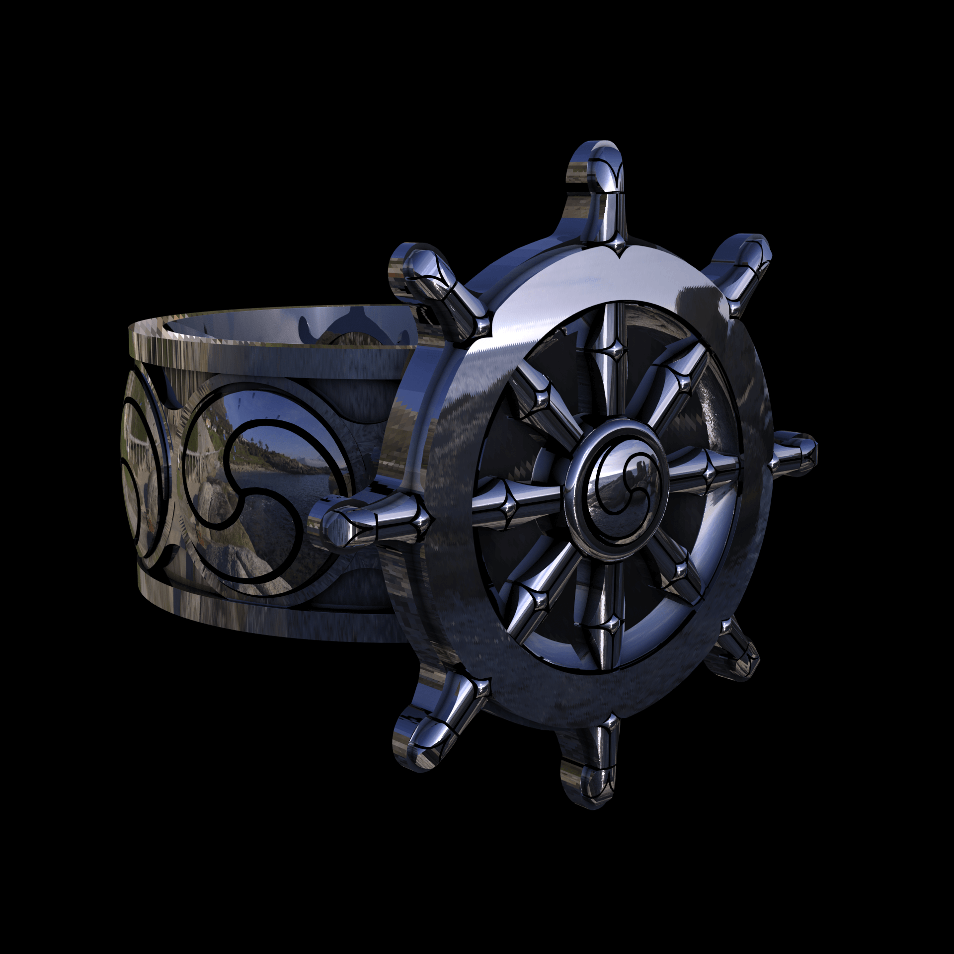 Sterling silver manufactured using wax casting, with extensive polishing reaching intricate details, acheiving a elegant, sleek shiny surface with a fine sheen.