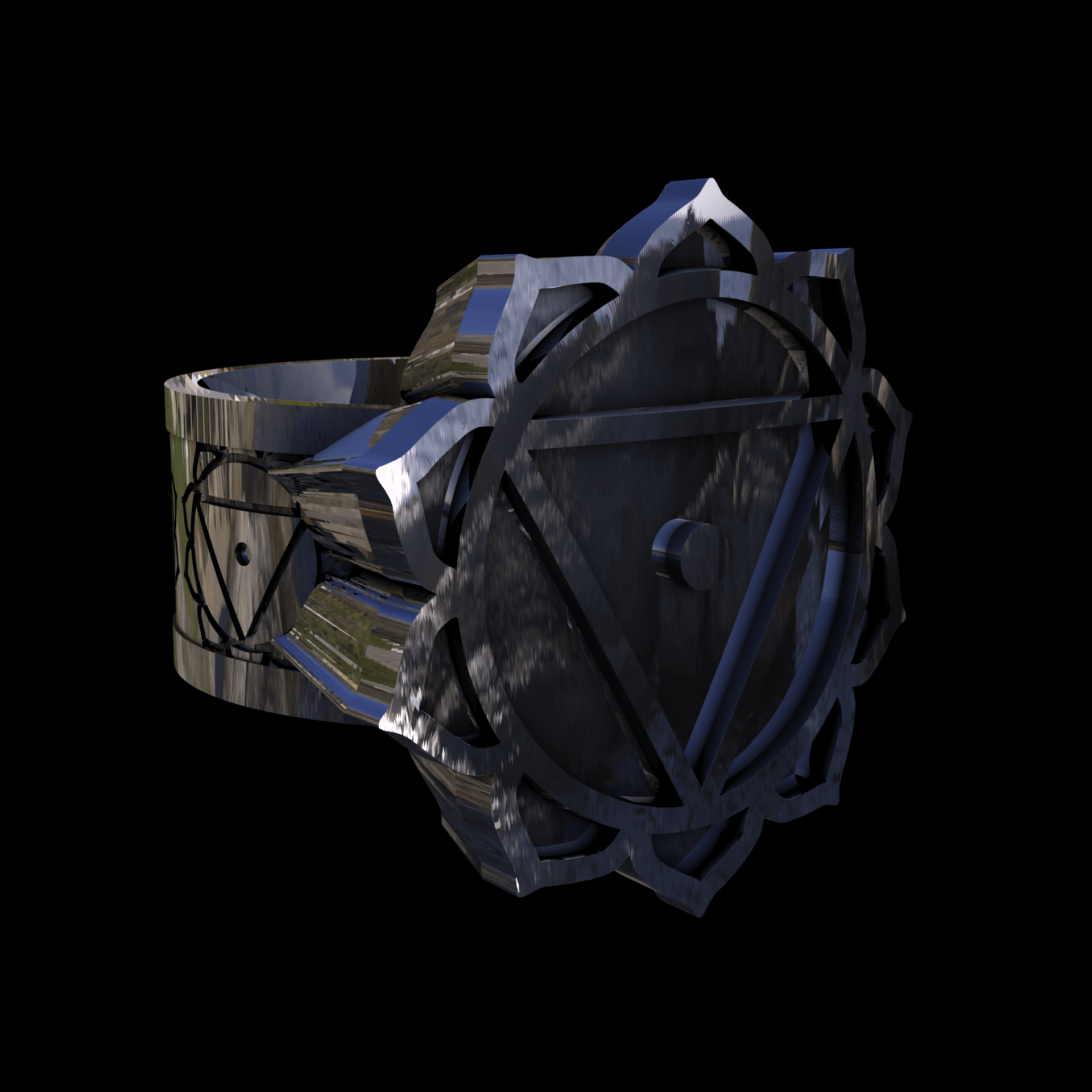 Sterling silver manufactured using wax casting, with extensive polishing reaching intricate details, acheiving a elegant, sleek shiny surface with a fine sheen.