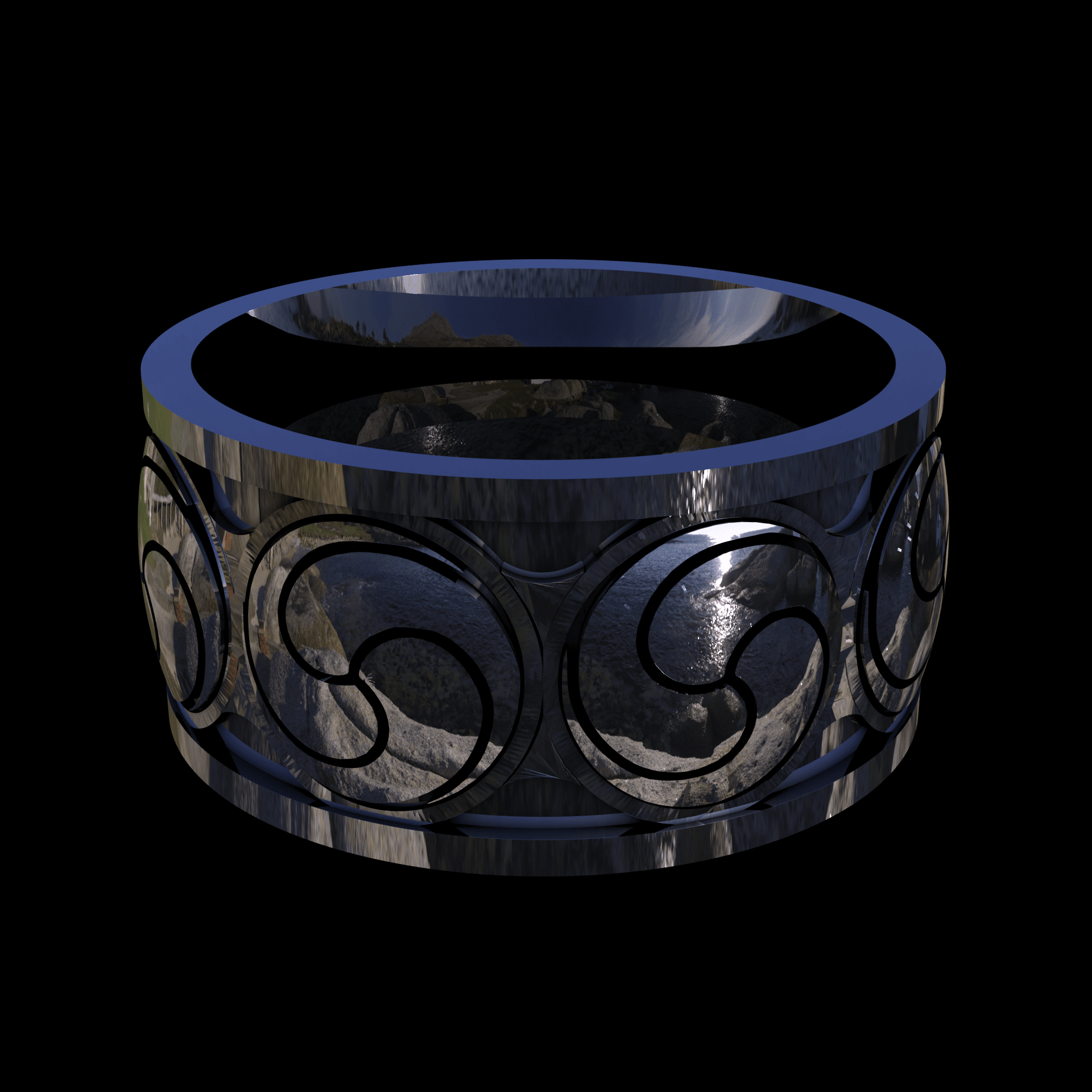 Sterling silver manufactured using wax casting, with extensive polishing reaching intricate details, acheiving a elegant, sleek shiny surface with a fine sheen.