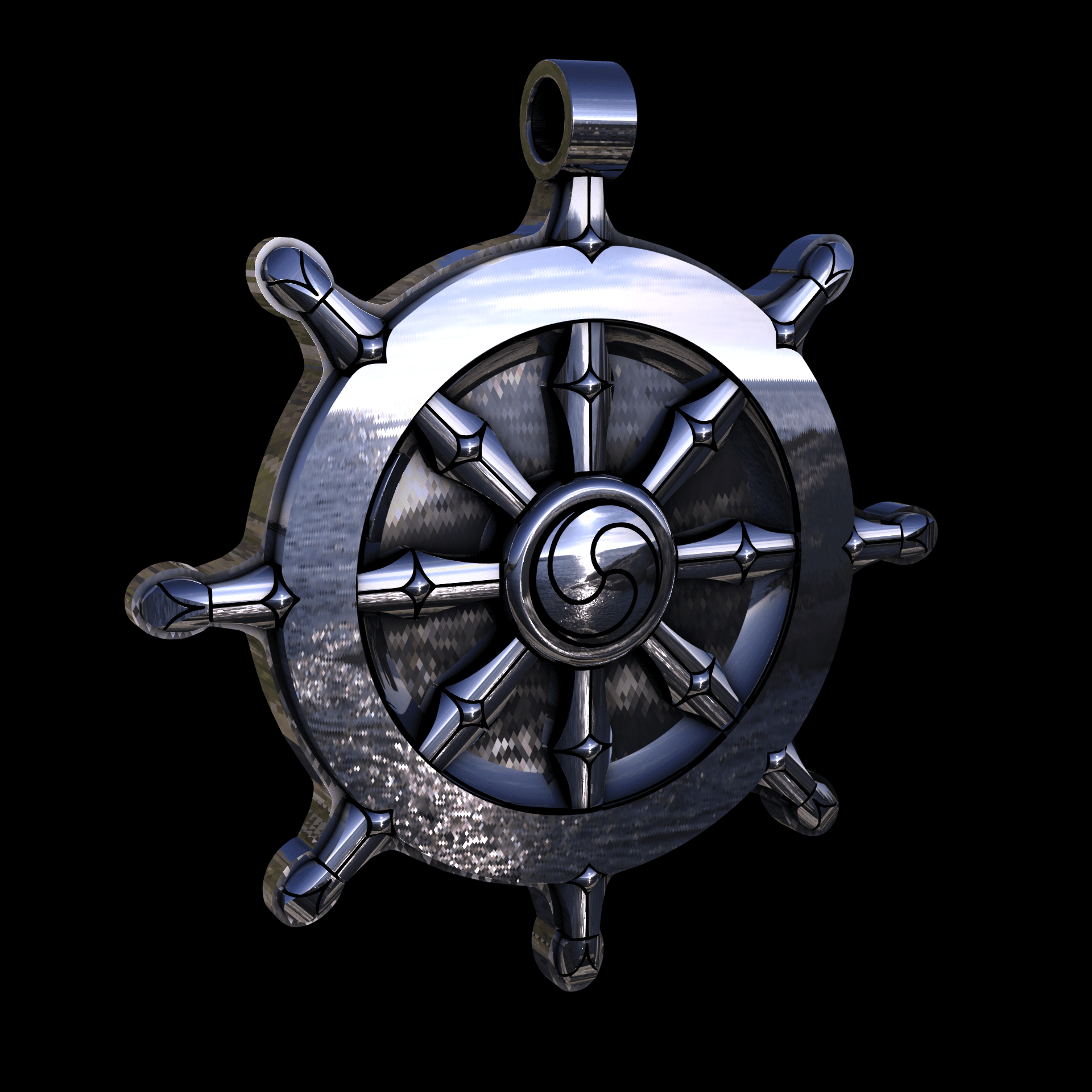 Sterling silver manufactured using wax casting, with extensive polishing reaching intricate details, acheiving a elegant, sleek shiny surface with a fine sheen.