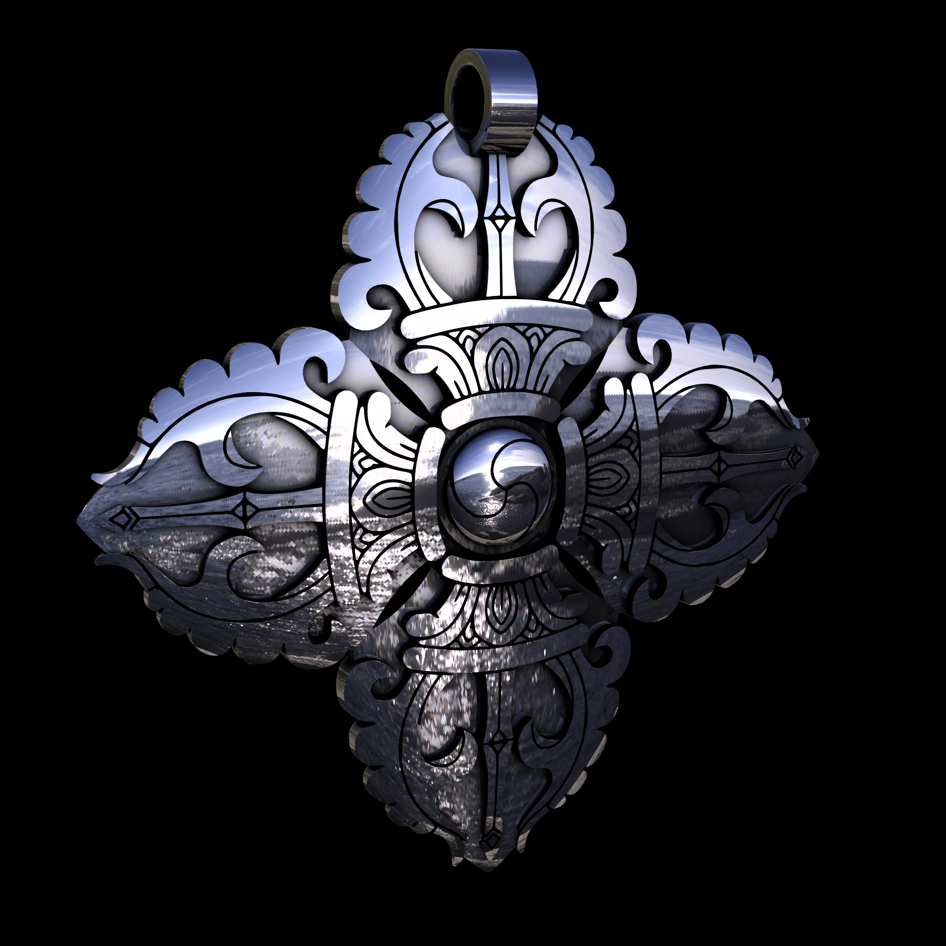 Sterling silver manufactured using wax casting, with extensive polishing reaching intricate details, acheiving a elegant, sleek shiny surface with a fine sheen.