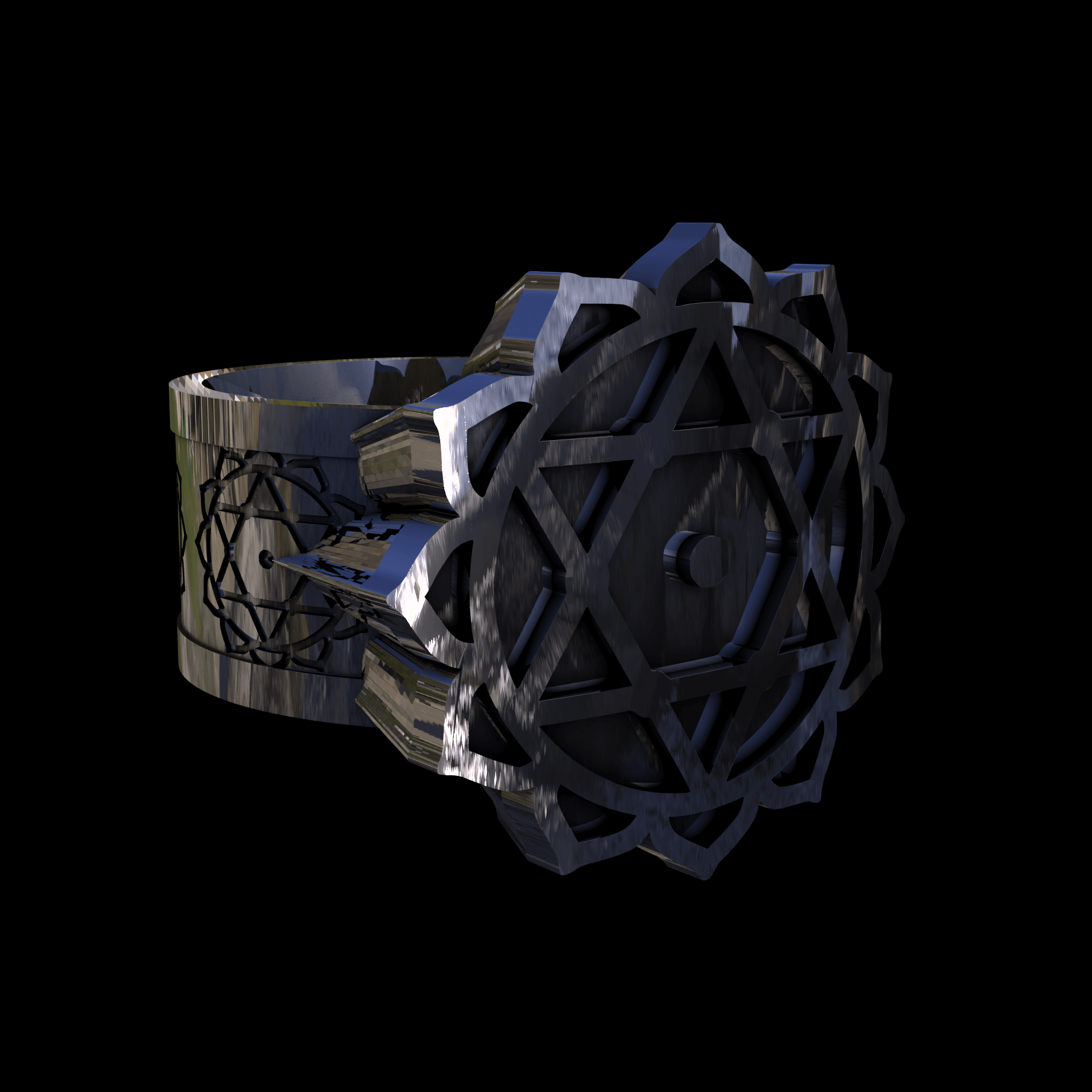 Sterling silver manufactured using wax casting, with extensive polishing reaching intricate details, acheiving a elegant, sleek shiny surface with a fine sheen.