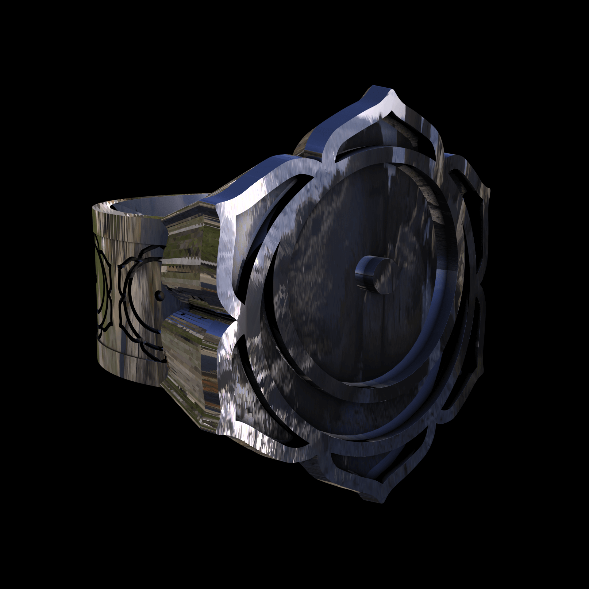 Sterling silver manufactured using wax casting, with extensive polishing reaching intricate details, acheiving a elegant, sleek shiny surface with a fine sheen.