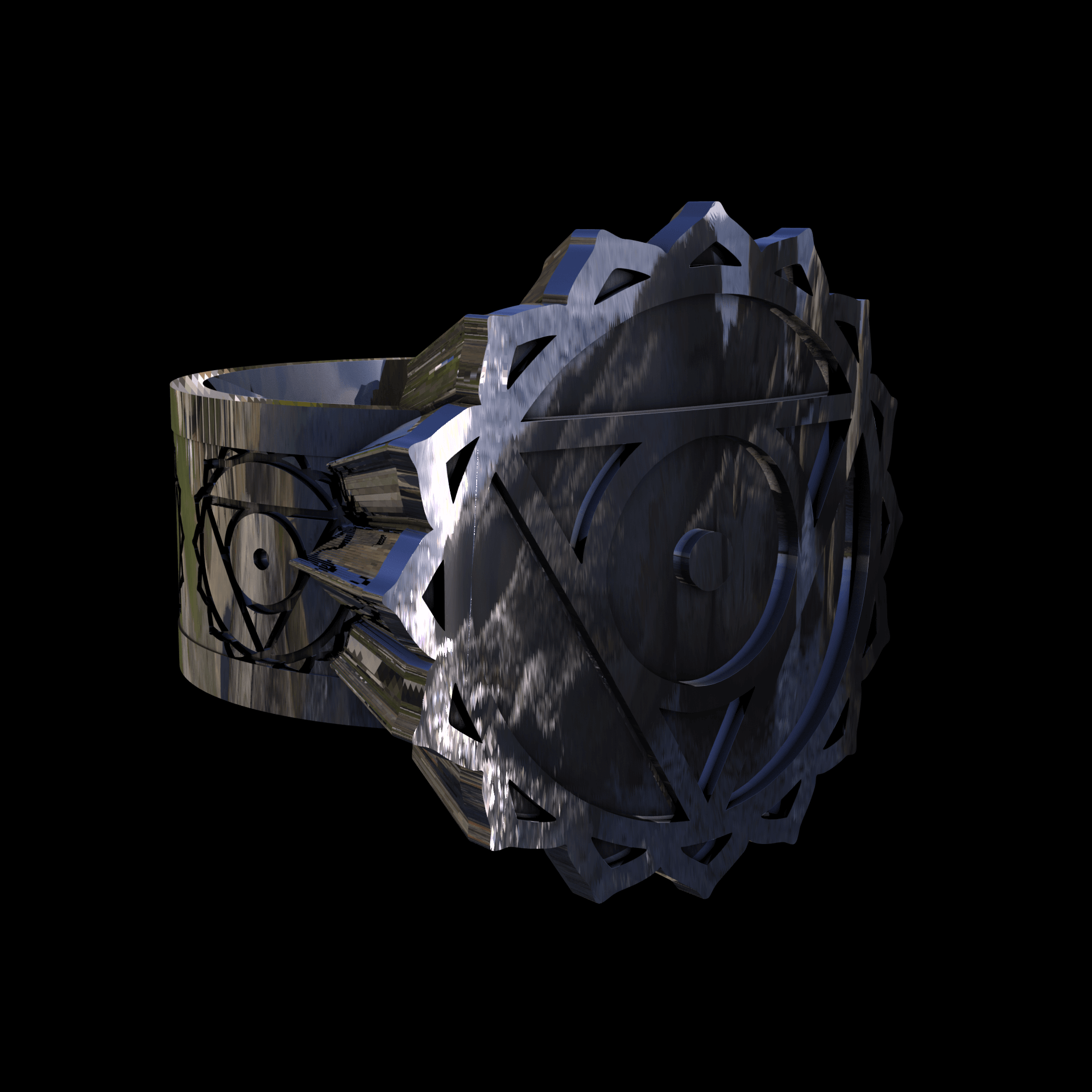 Sterling silver manufactured using wax casting, with extensive polishing reaching intricate details, acheiving a elegant, sleek shiny surface with a fine sheen.