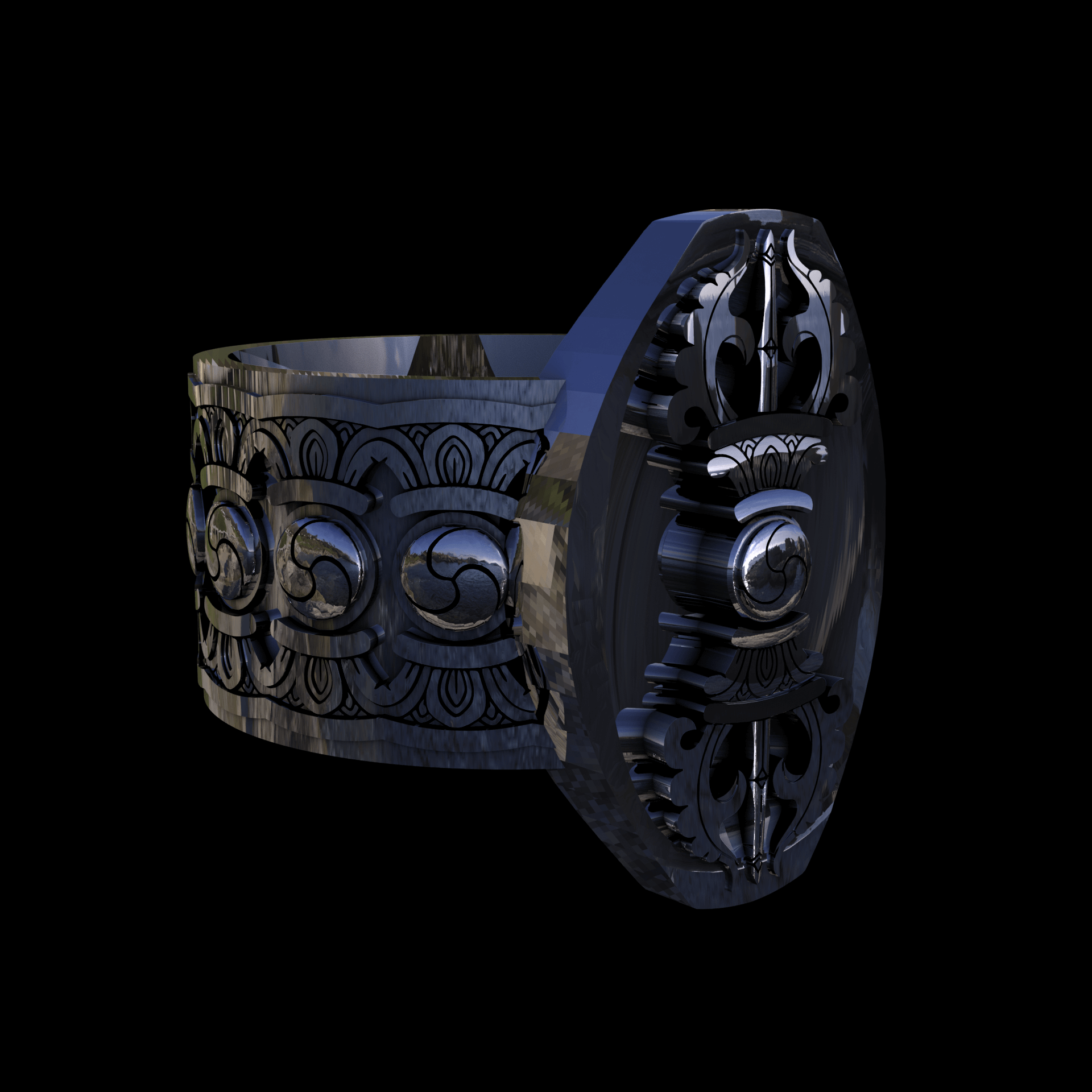 Sterling silver manufactured using wax casting, with extensive polishing reaching intricate details, acheiving a elegant, sleek shiny surface with a fine sheen.