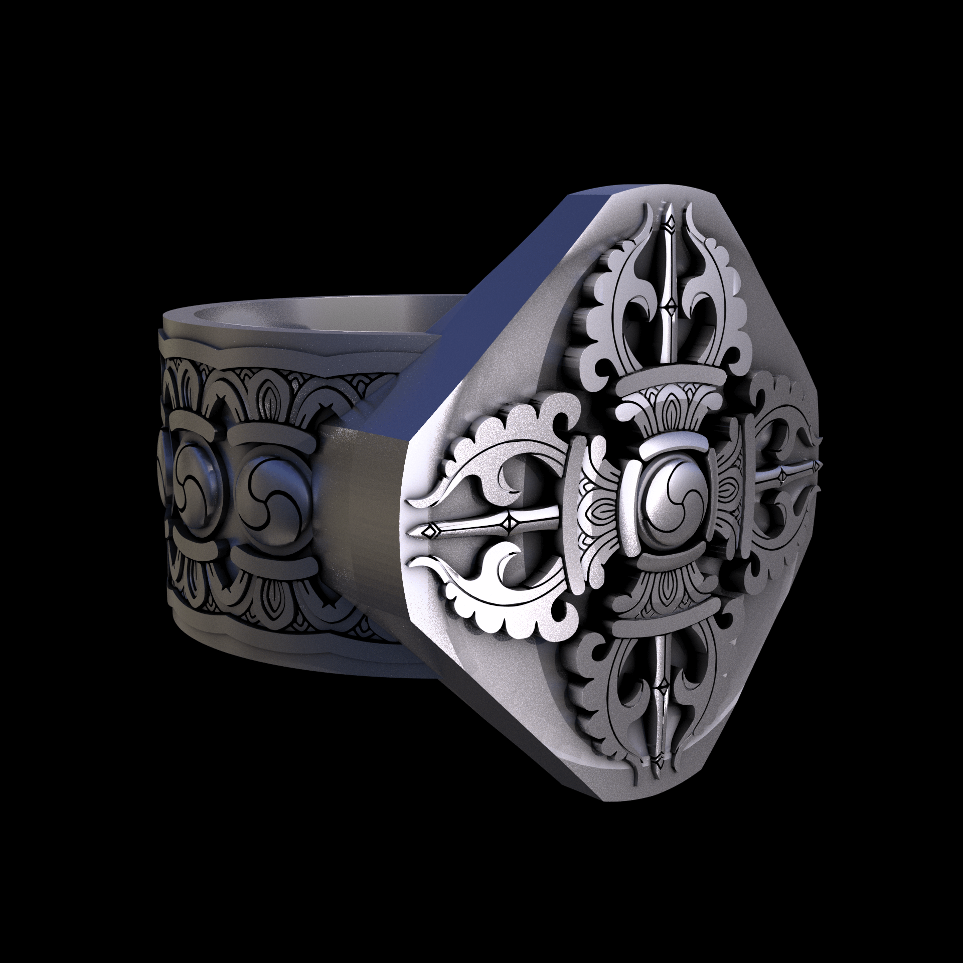 Sterling silver manufactured using wax casting, and lightly polished with a rough matte surface finish.