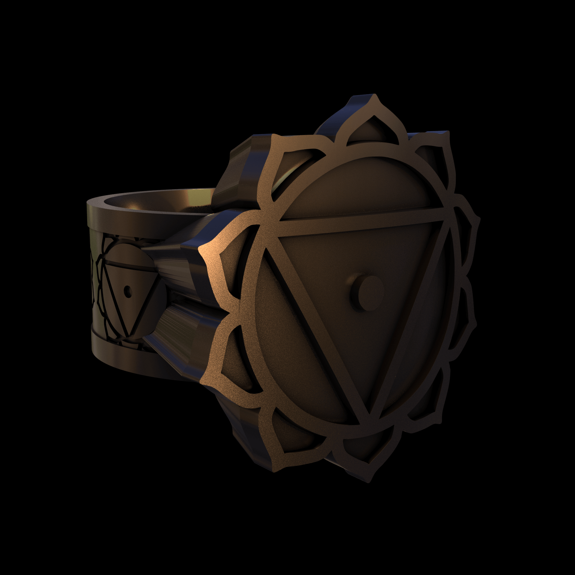 Bronze infused 420 stainless steel, manufactured using 3D printing, polished and enrobed in 24k gold with a mild sheen, with visible print lines.